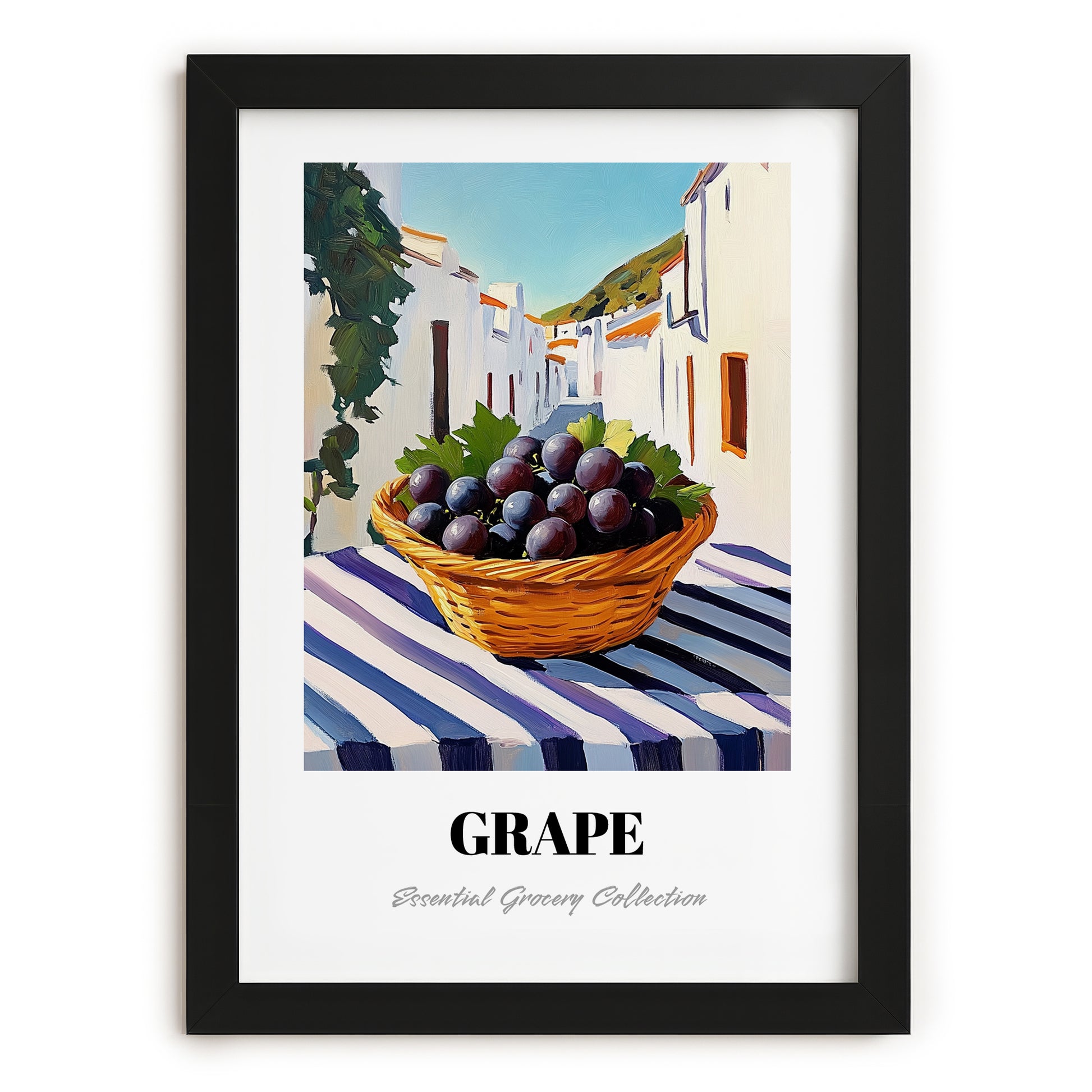 Grape – White village Street Café Scene, Fruit Wall Decor, in sleek black frame
