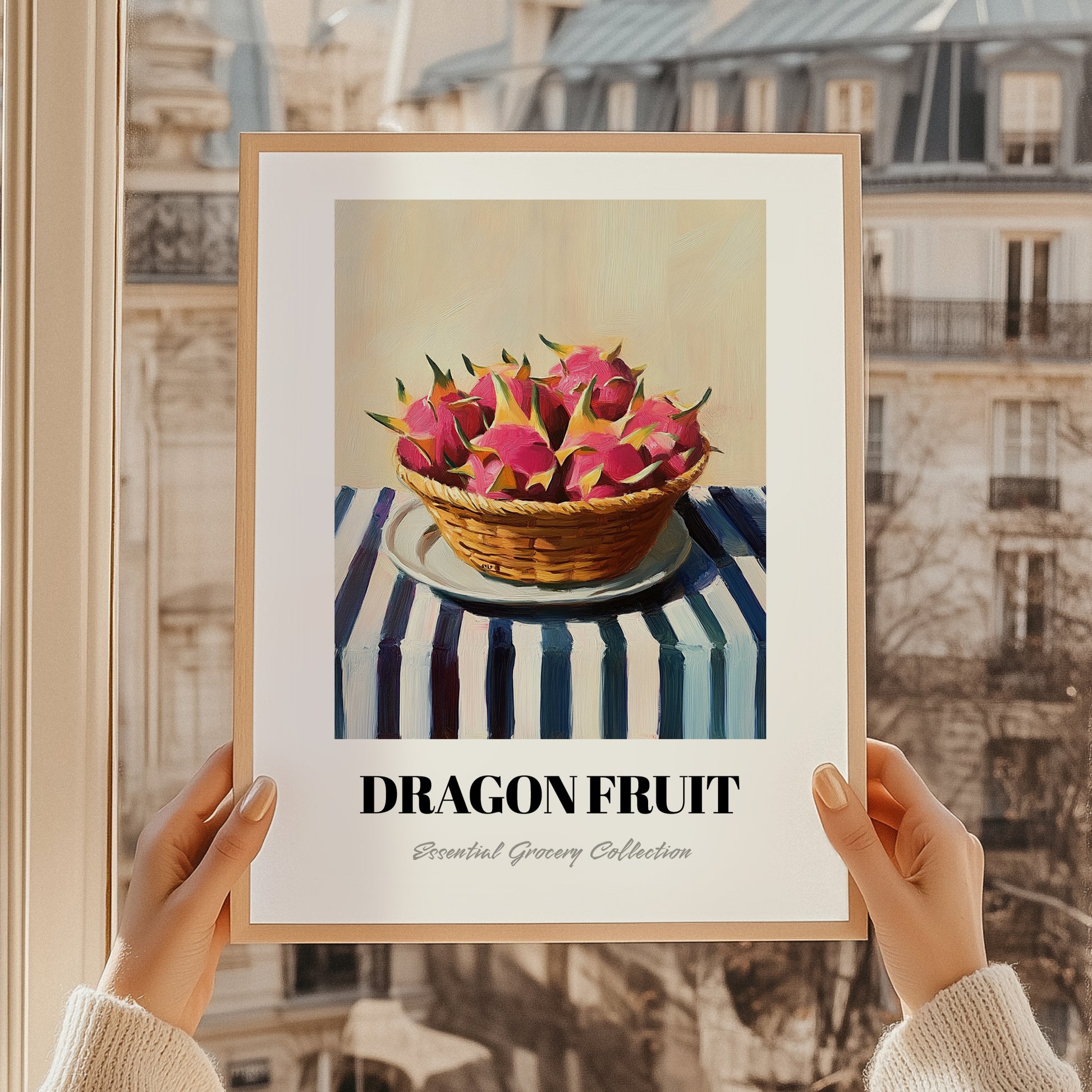 Dragon Fruit – on Striped Tablecloth, Fruit Illustration, styled in a charming Paris street view