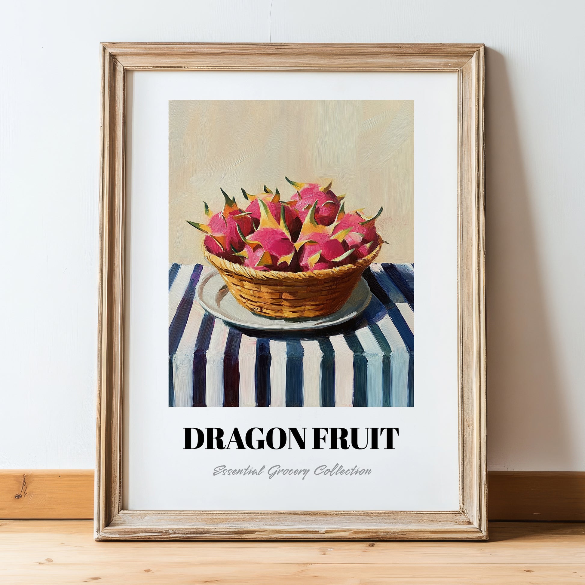 Dragon Fruit – on Striped Tablecloth, Fruit Illustration, in wooden frame leaning on the floor