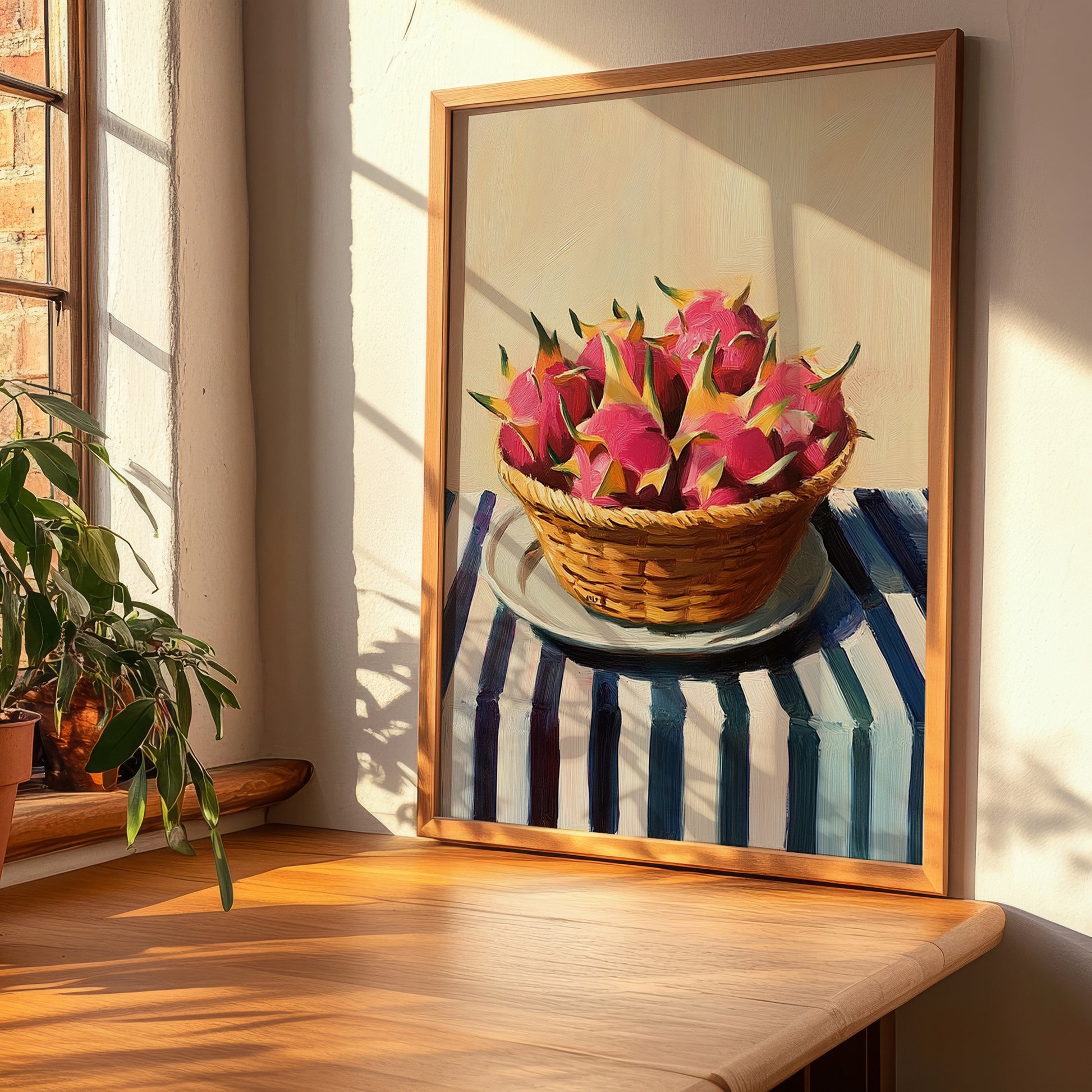 Dragon Fruit – on Striped Tablecloth, Fruit Illustration, clean layout with no caption