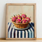 Dragon Fruit – on Striped Tablecloth, Fruit Illustration, no-text version framed in wood