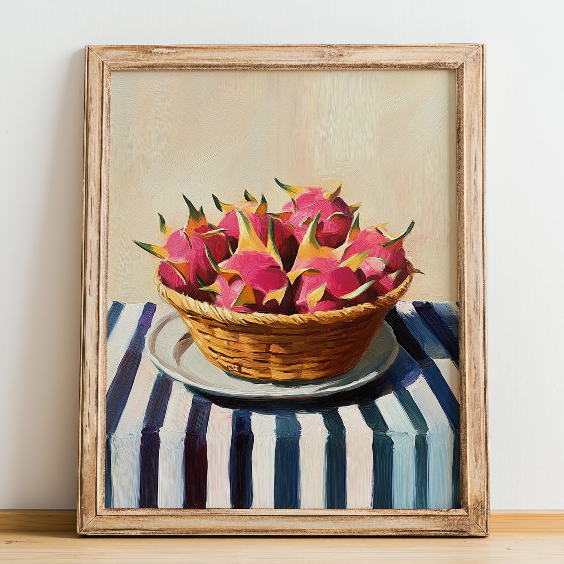 Dragon Fruit – on Striped Tablecloth, Fruit Illustration, no-text version framed in wood