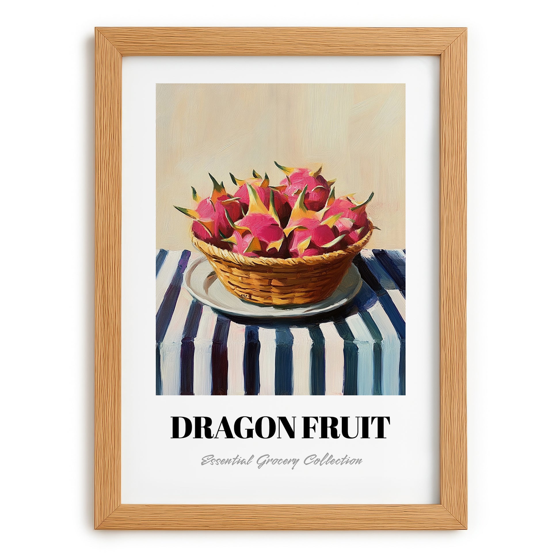 Dragon Fruit – on Striped Tablecloth, Fruit Illustration, set in oak frame