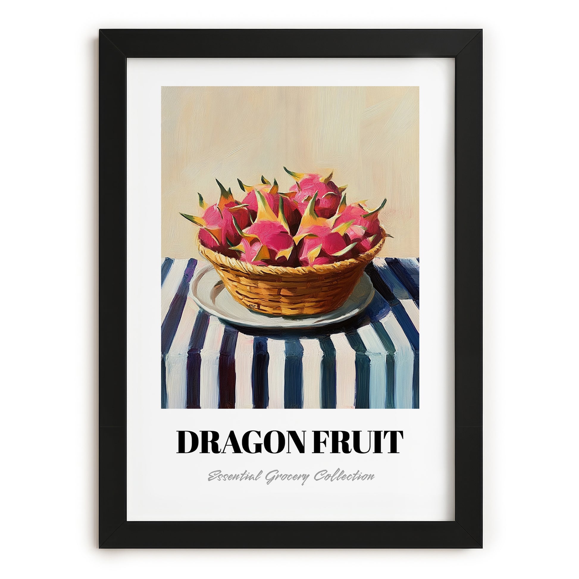 Dragon Fruit – on Striped Tablecloth, Fruit Illustration, in sleek black frame