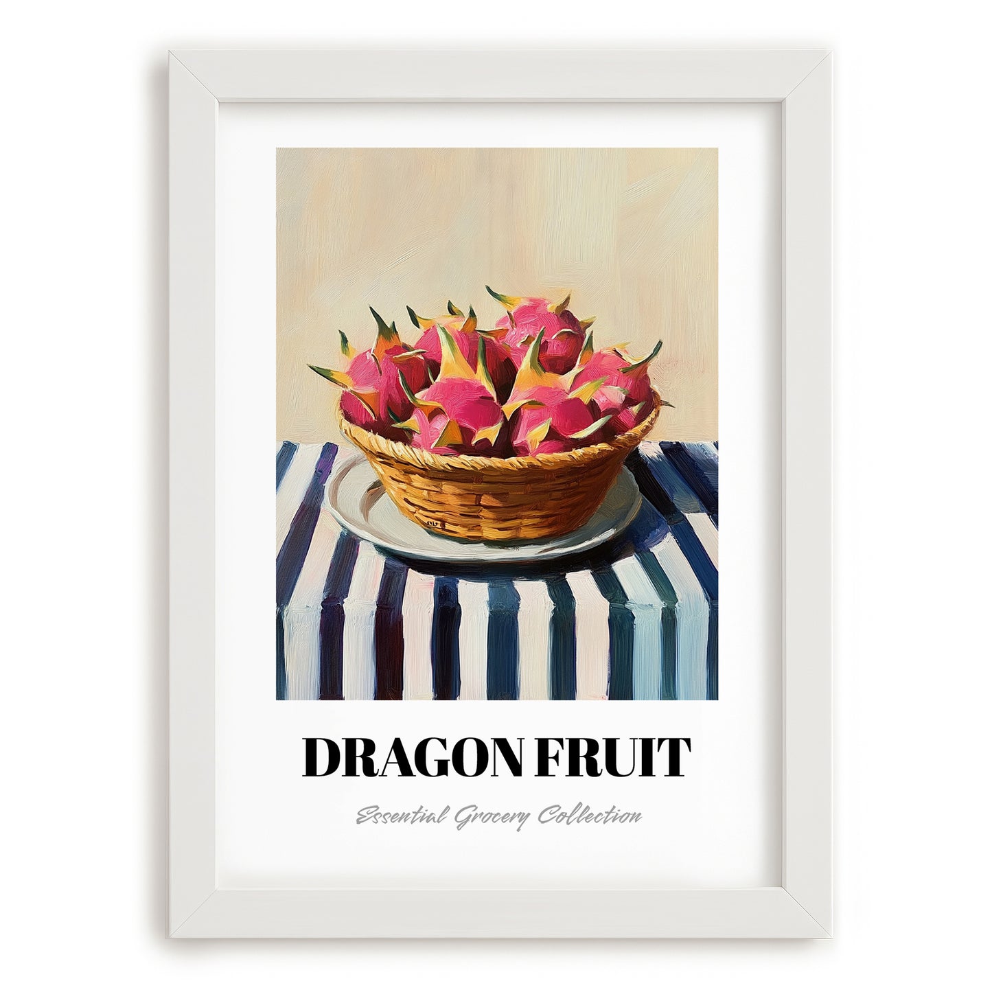 Dragon Fruit – on Striped Tablecloth, Fruit Illustration, placed in minimal white frame