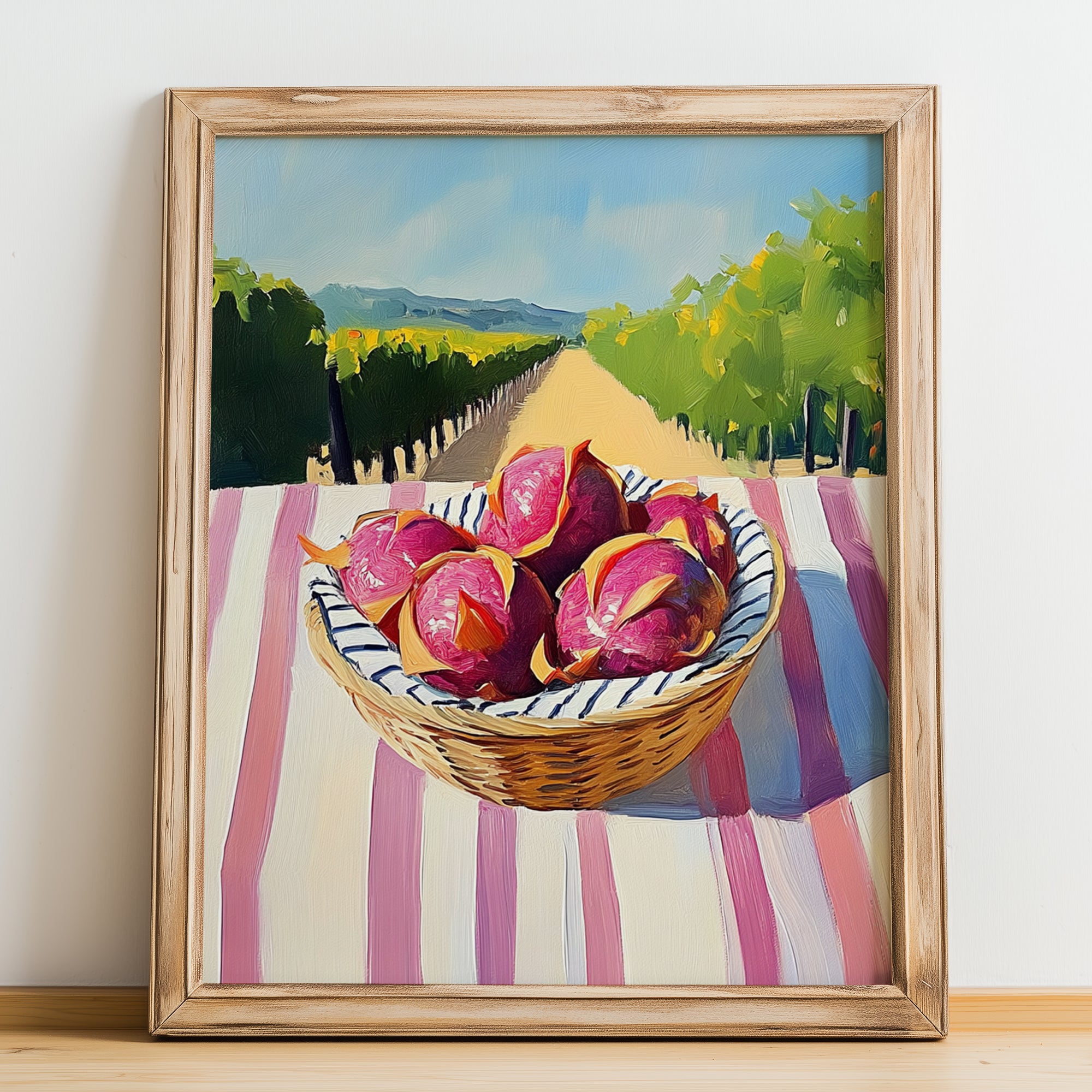 Dragon Fruit – Valley Café Scene, Fruit Poster, no-text version framed in wood