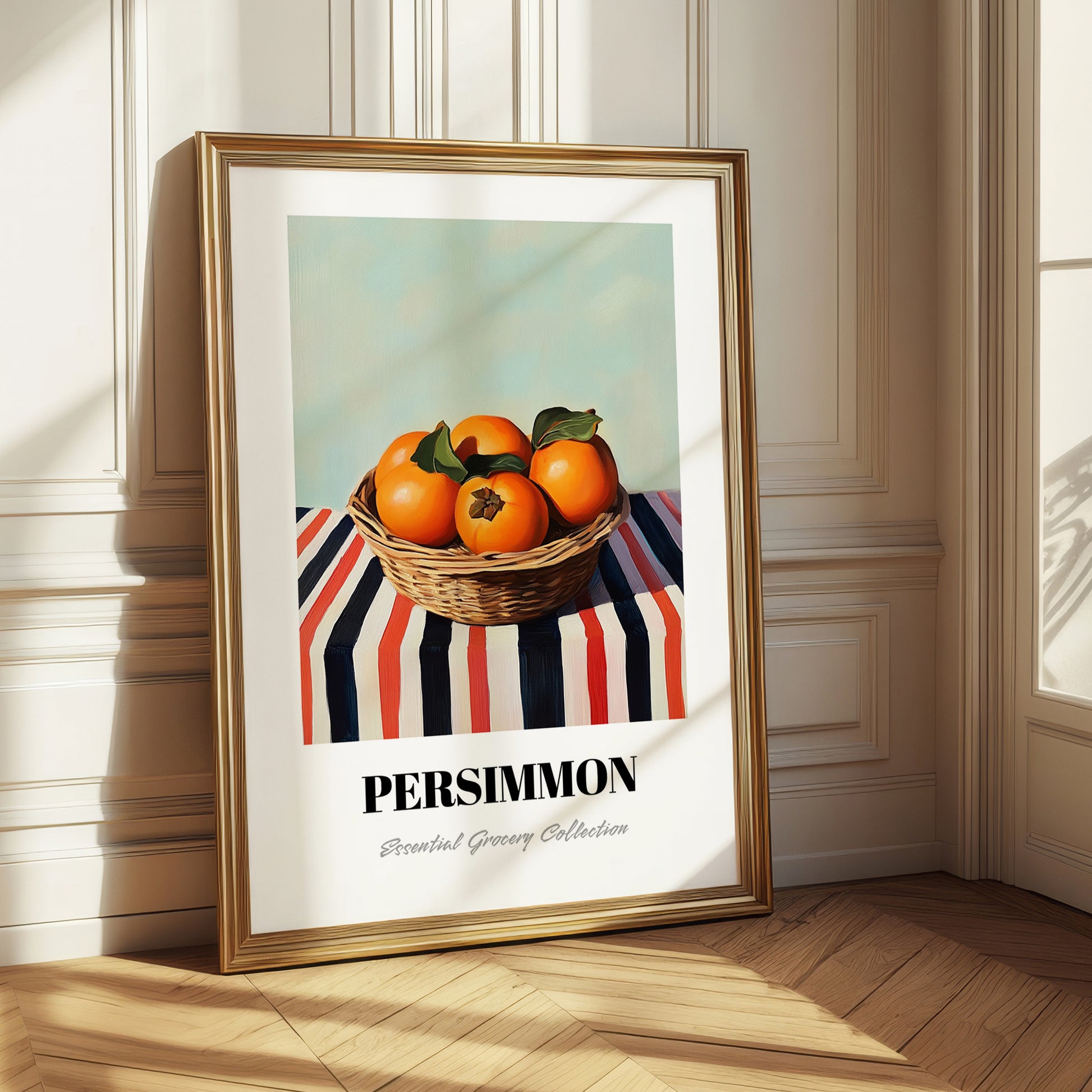 Persimmon – on Striped Tablecloth, Fruit Still Life