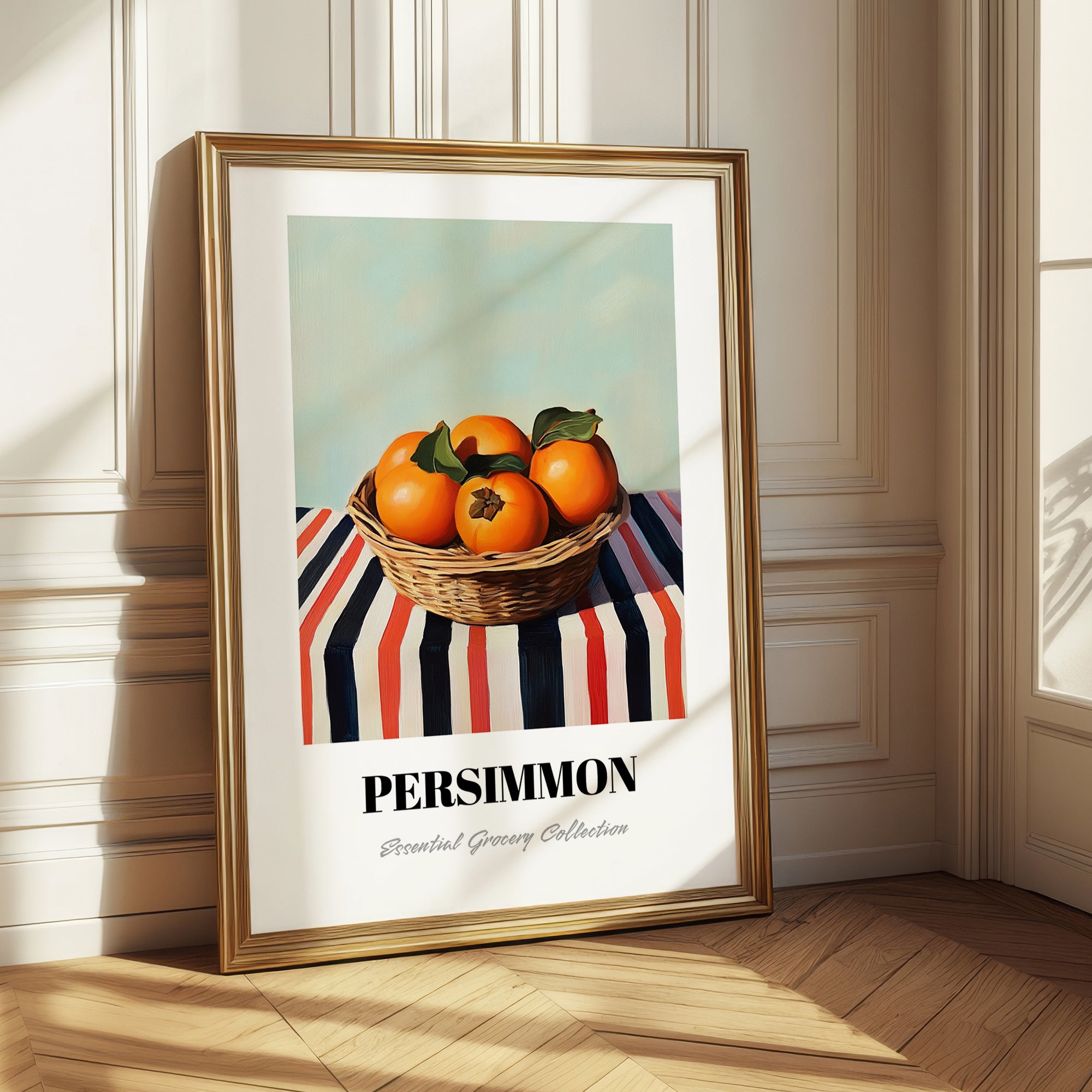Persimmon – on Striped Tablecloth, Fruit Still Life