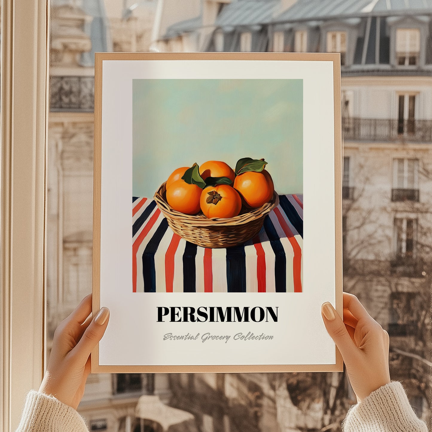 Persimmon – on Striped Tablecloth, Fruit Still Life, styled in a charming Paris street view