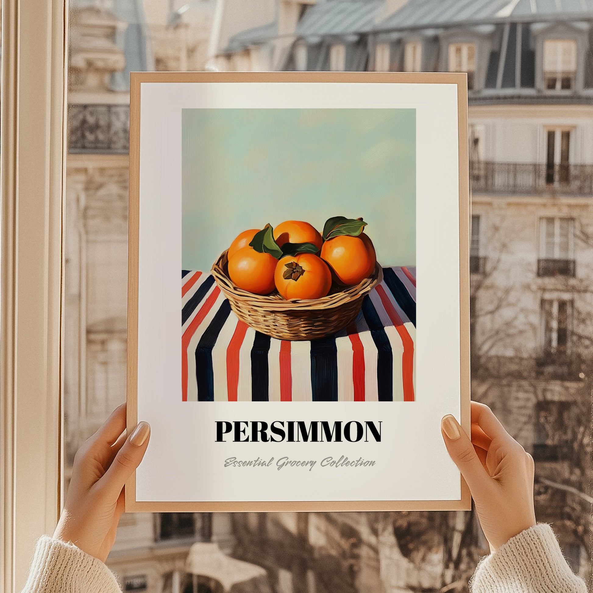 Persimmon – on Striped Tablecloth, Fruit Still Life, styled in a charming Paris street view