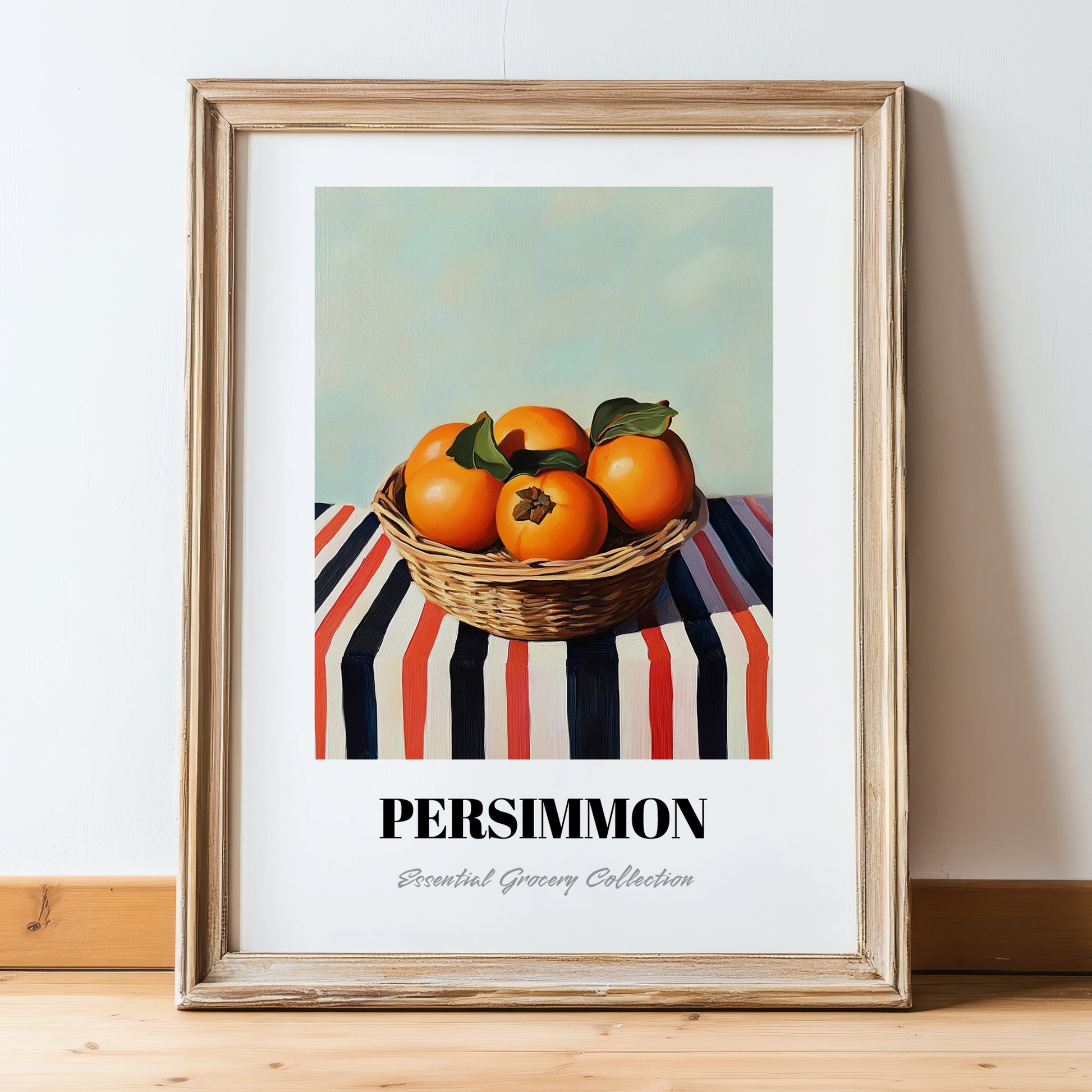 Persimmon – on Striped Tablecloth, Fruit Still Life, in wooden frame leaning on the floor