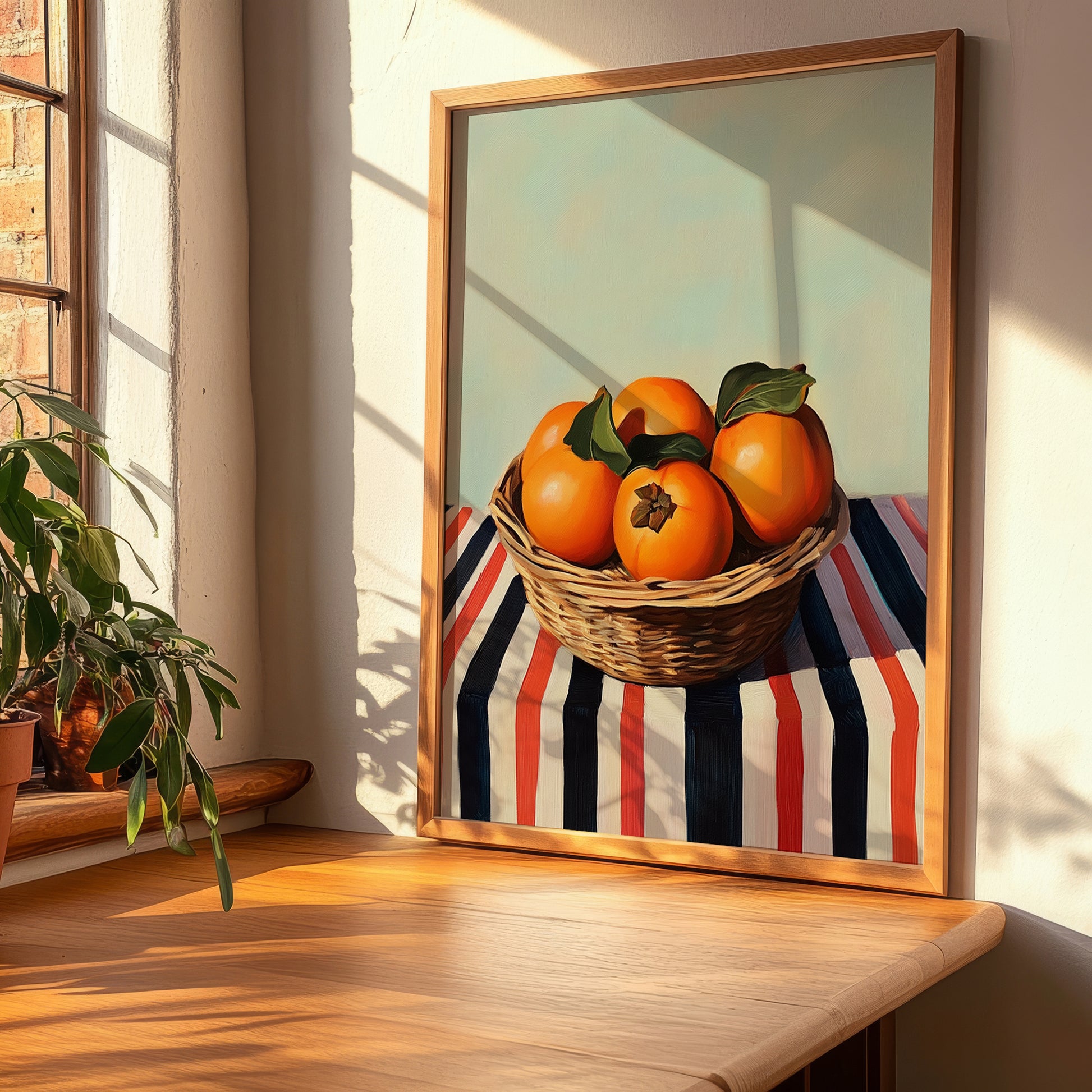 Persimmon – on Striped Tablecloth, Fruit Still Life, clean layout with no caption