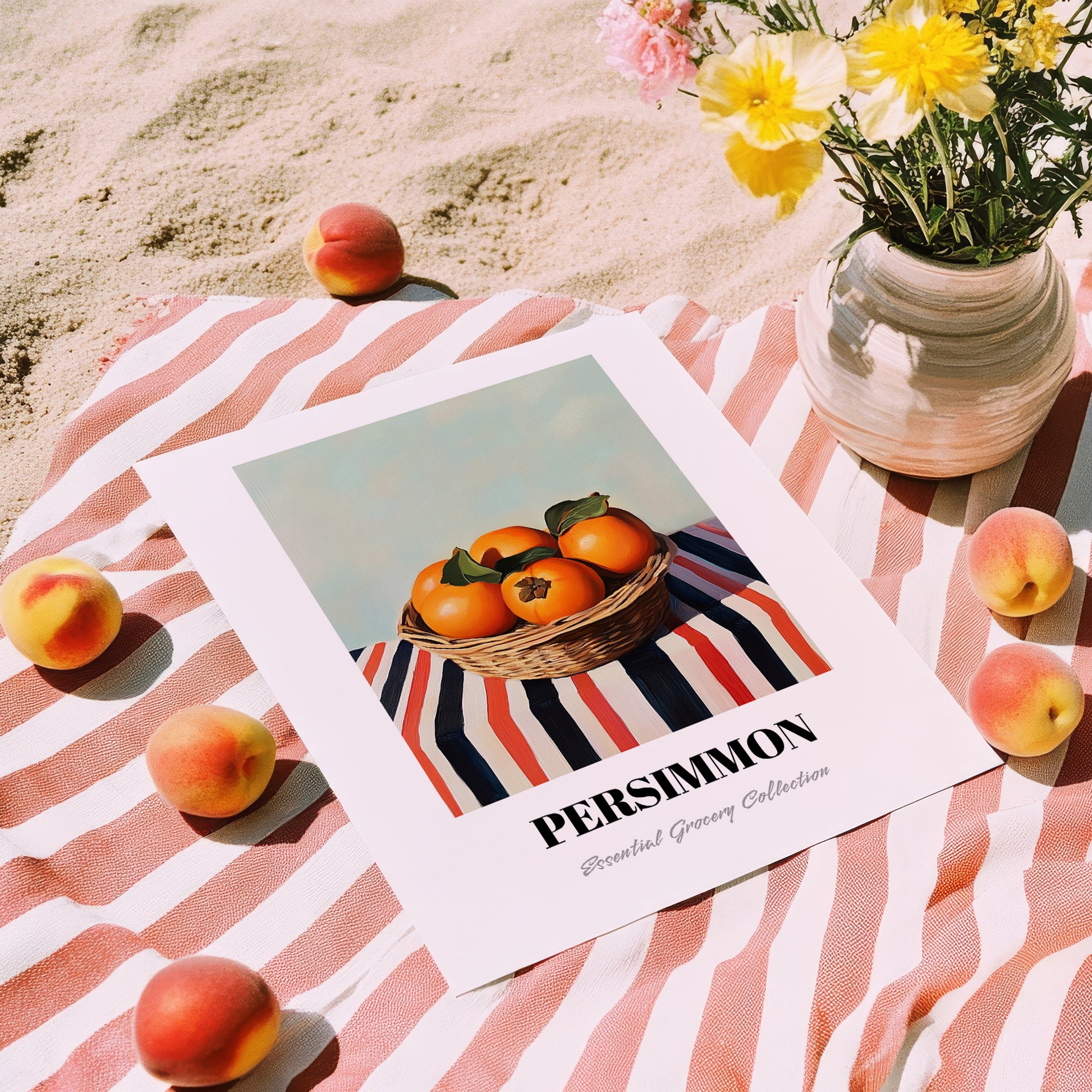 Persimmon – on Striped Tablecloth, Fruit Still Life, unframed on coastal sand