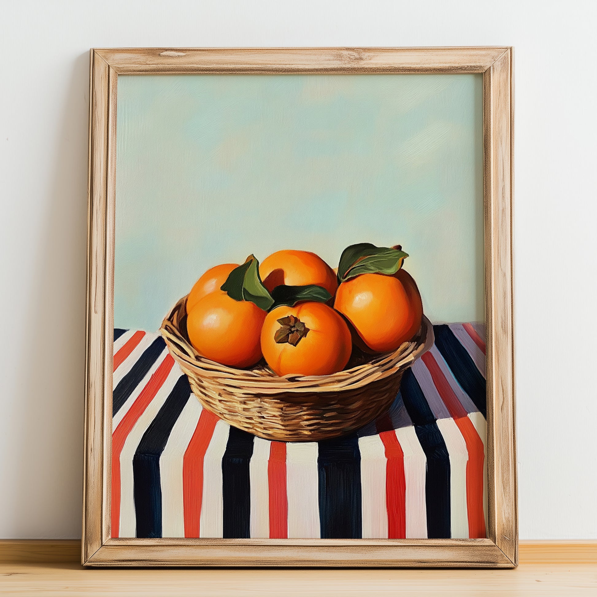 Persimmon – on Striped Tablecloth, Fruit Still Life, no-text version framed in wood