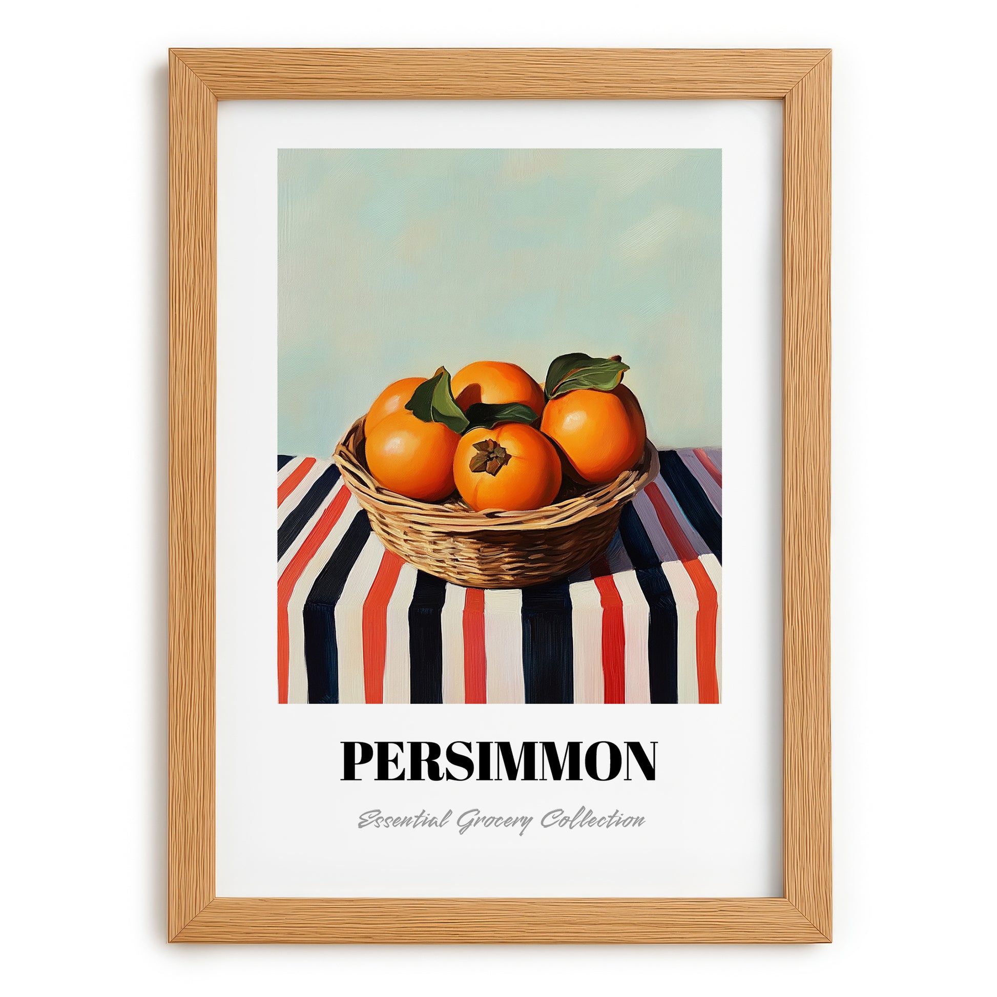 Persimmon – on Striped Tablecloth, Fruit Still Life, set in oak frame