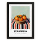 Persimmon – on Striped Tablecloth, Fruit Still Life, in sleek black frame