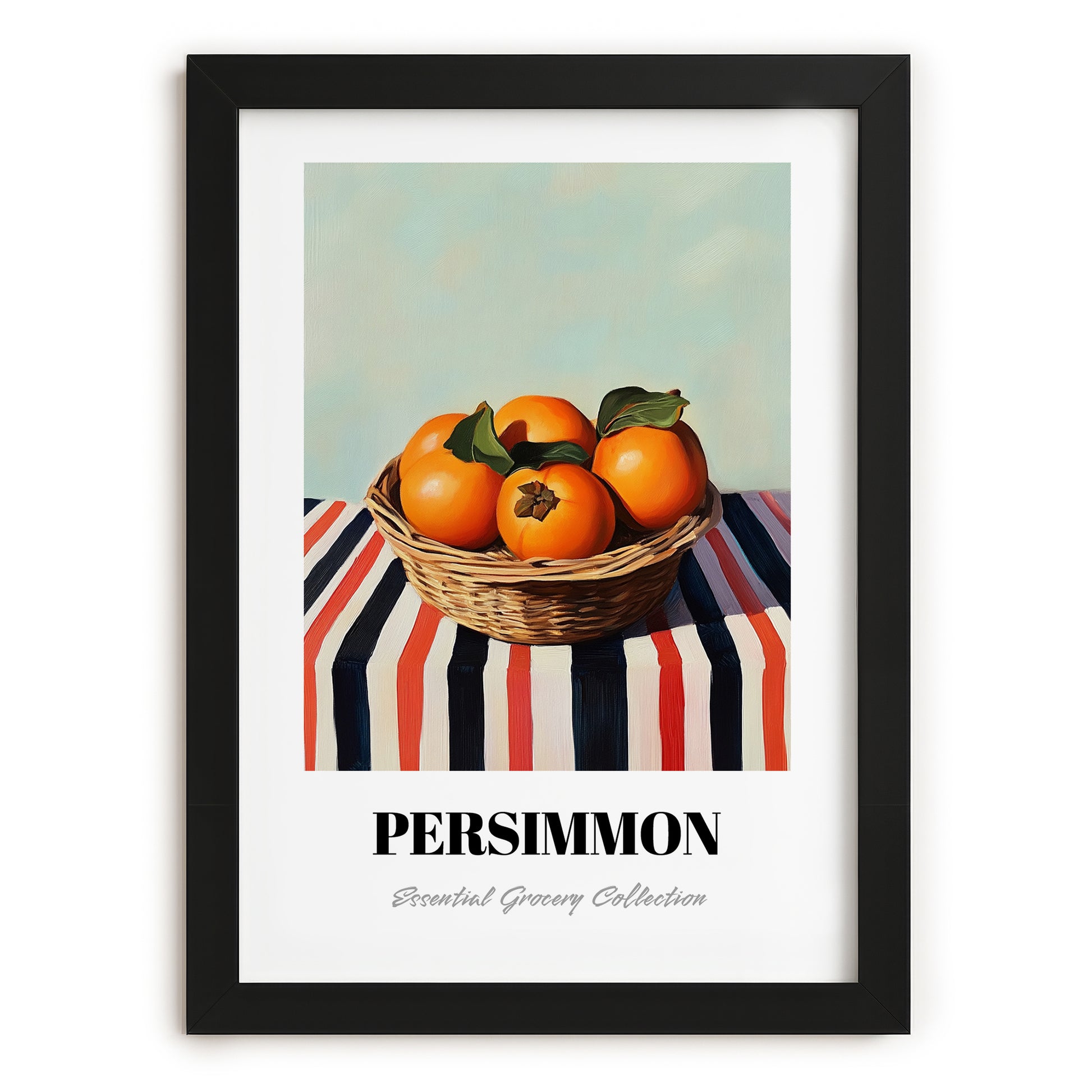 Persimmon – on Striped Tablecloth, Fruit Still Life, in sleek black frame