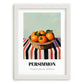 Persimmon – on Striped Tablecloth, Fruit Still Life, placed in minimal white frame