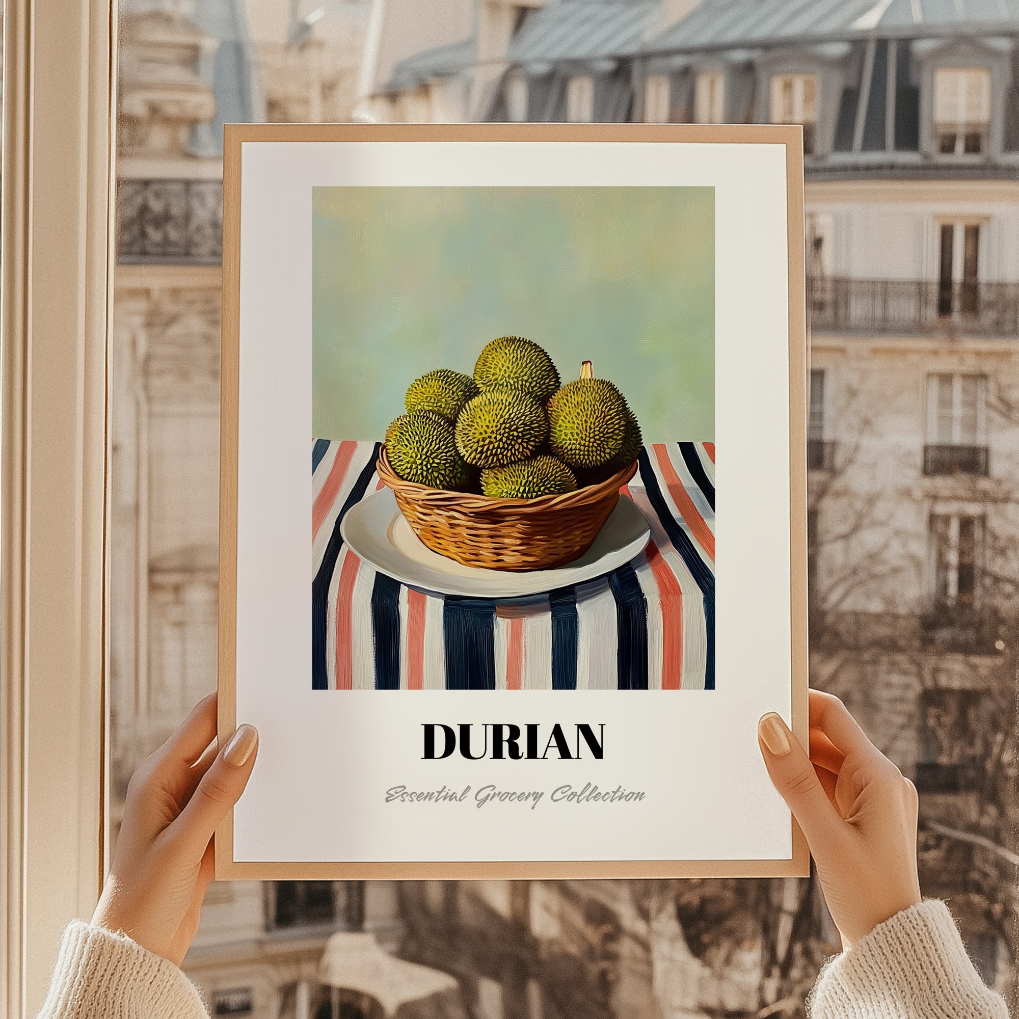 Durian – on Striped Tablecloth, Fruit Poster, styled in a charming Paris street view