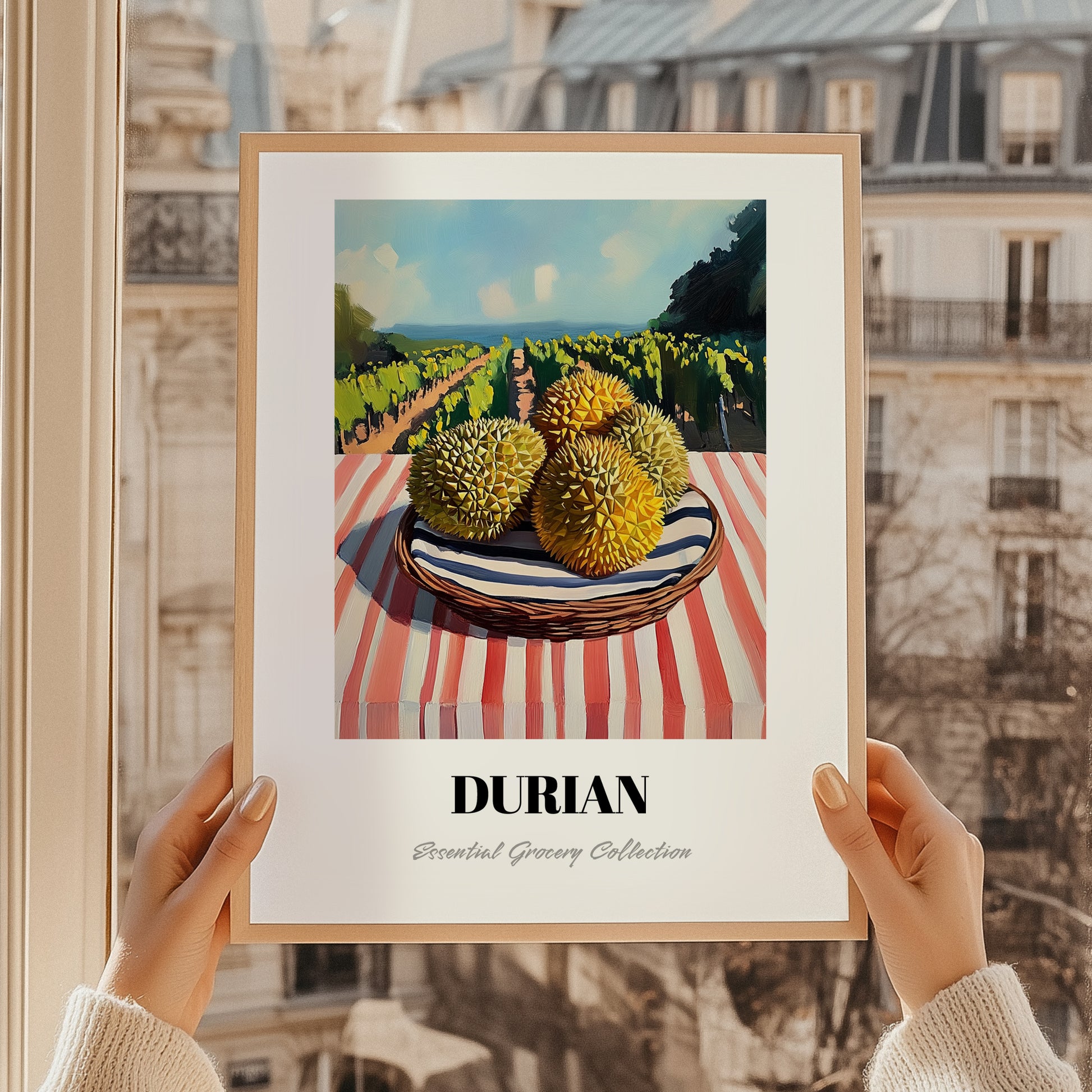 Durian – Valley Café Scene, Fruit Painting, styled in a charming Paris street view