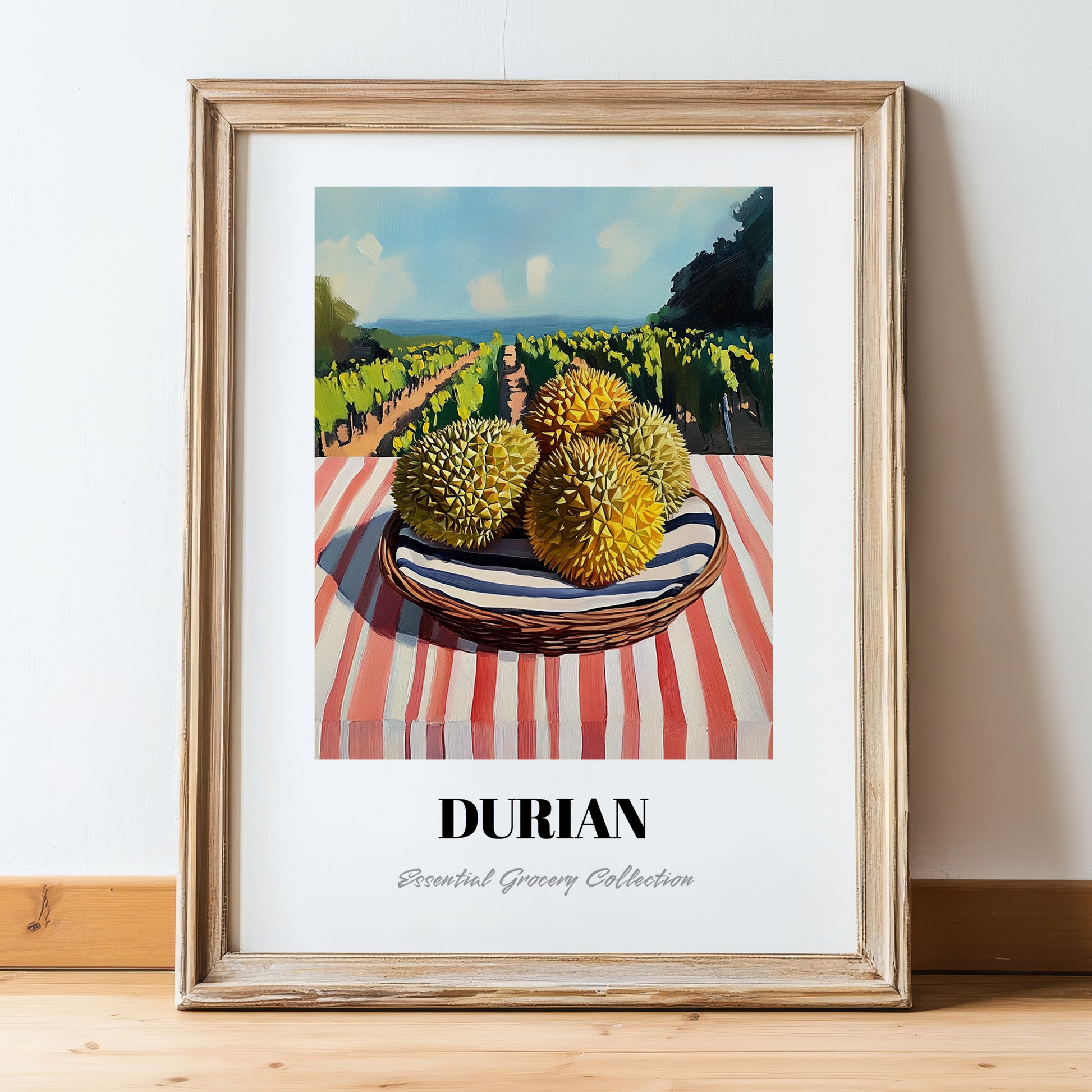 Durian – Valley Café Scene, Fruit Painting, in wooden frame leaning on the floor