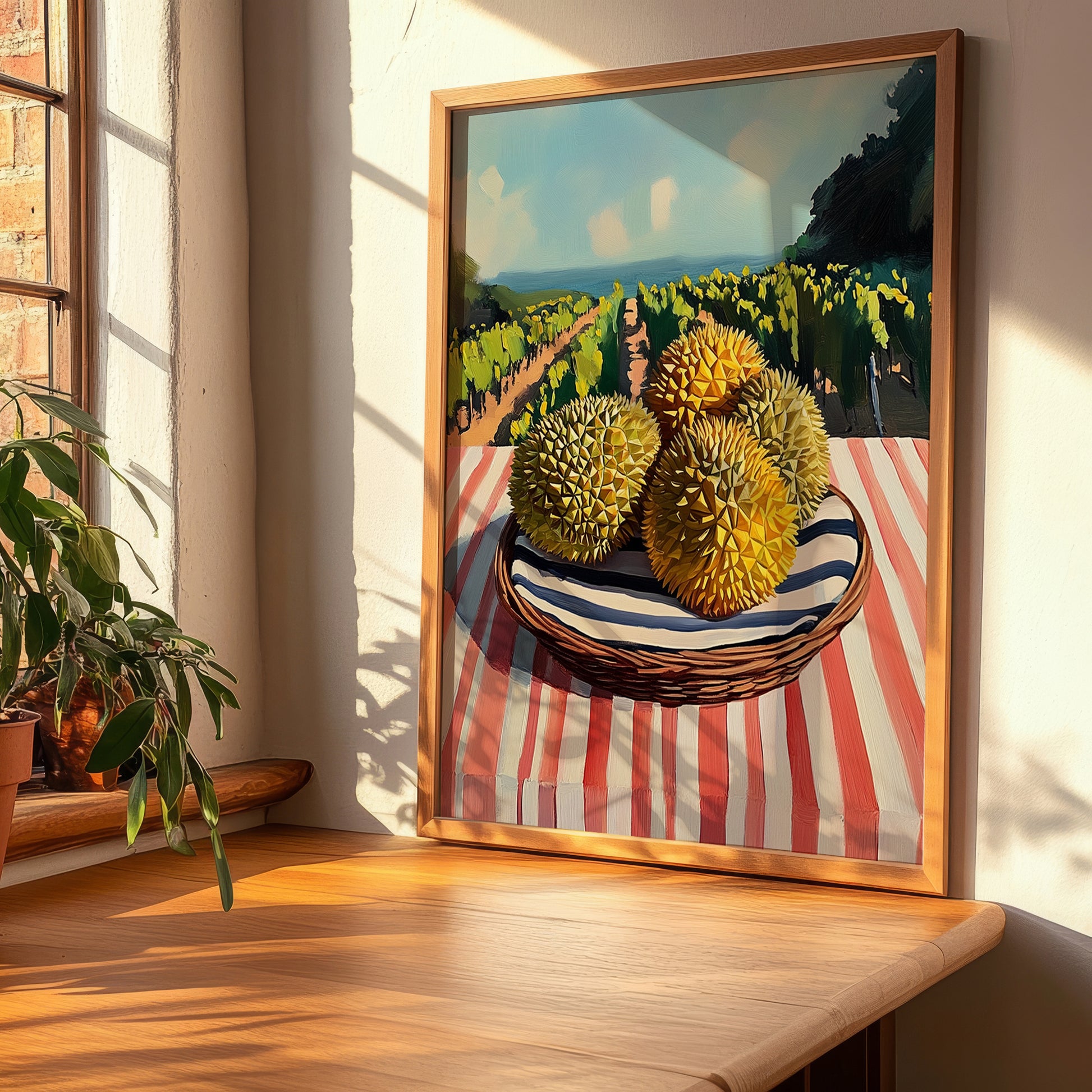Durian – Valley Café Scene, Fruit Painting, clean layout with no caption