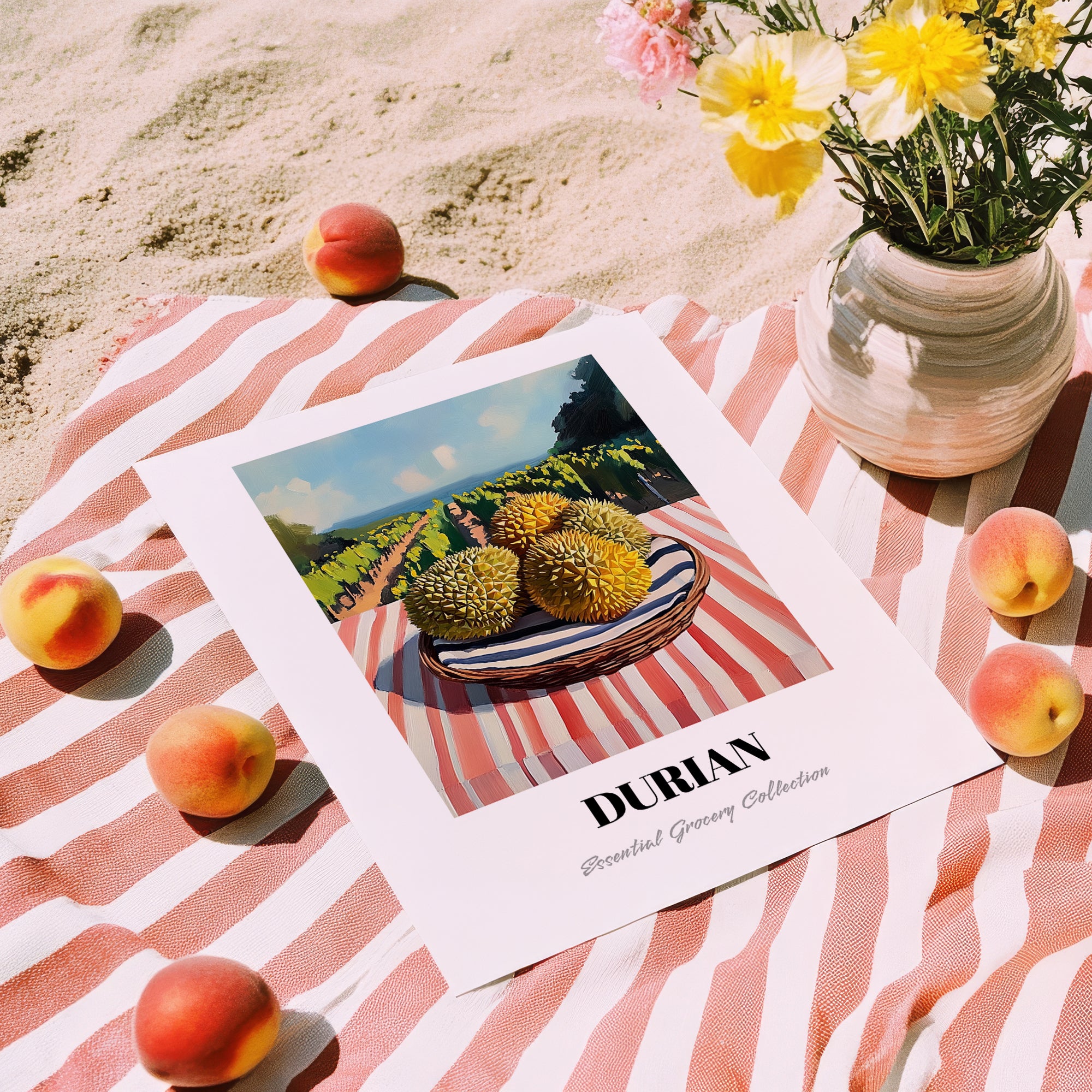 Durian – Valley Café Scene, Fruit Painting, unframed on coastal sand