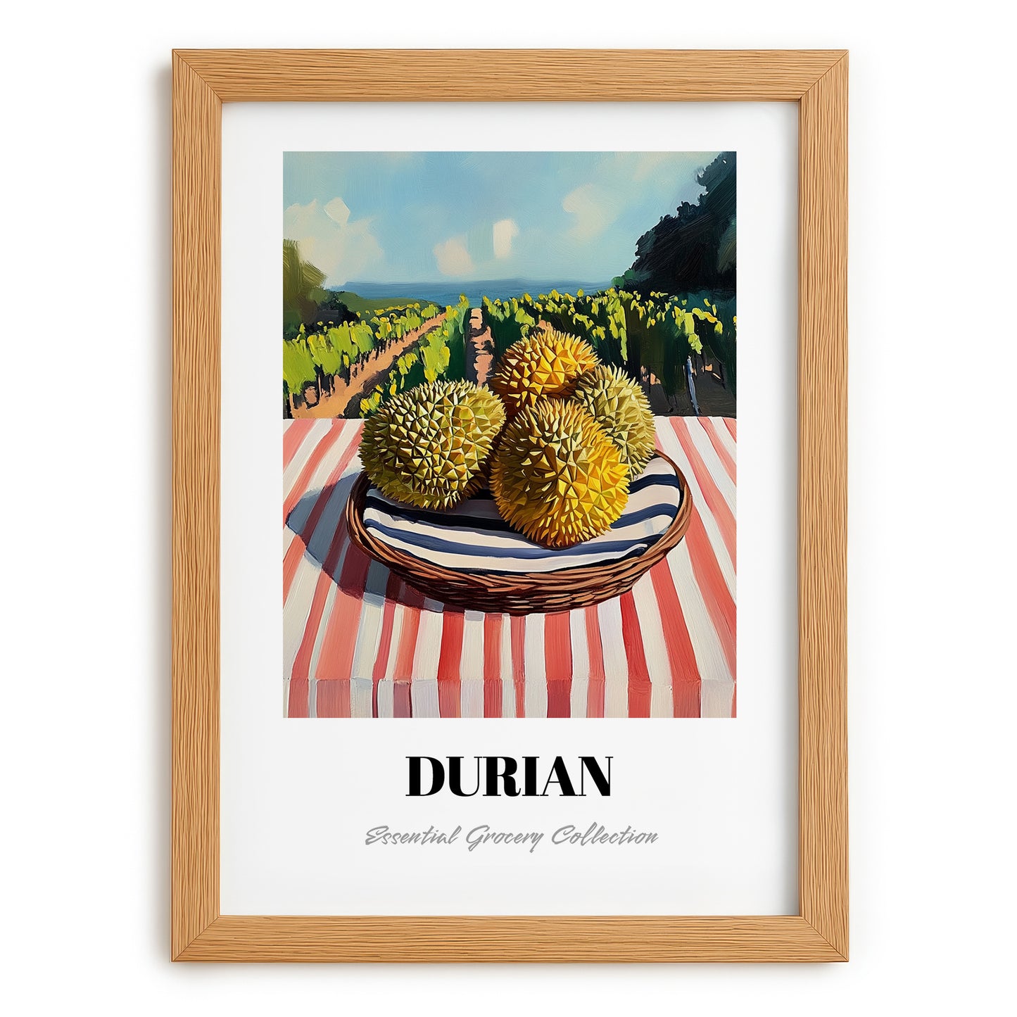 Durian – Valley Café Scene, Fruit Painting, set in oak frame