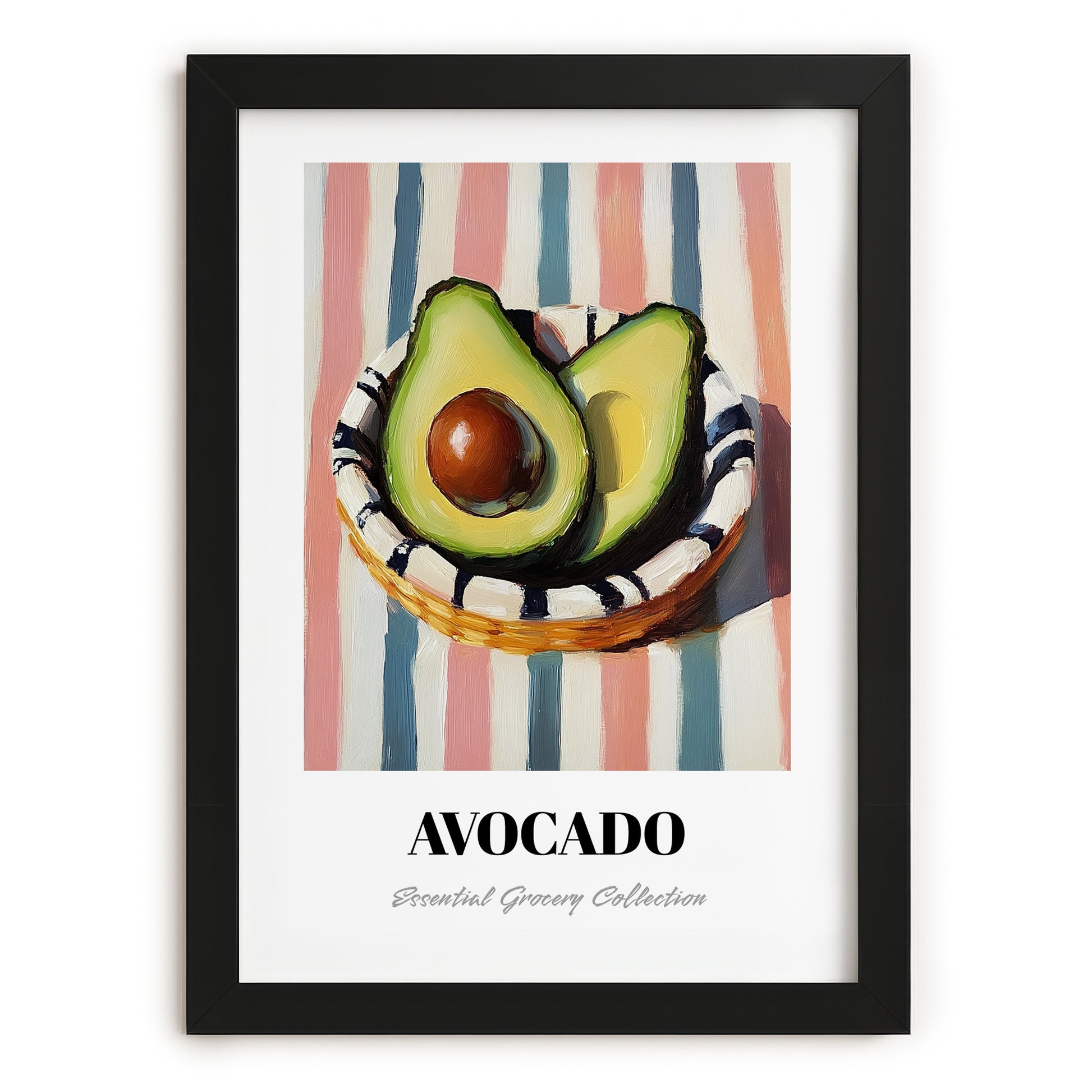Avocado – on Striped Tablecloth, Vegetable Illustration, in sleek black frame