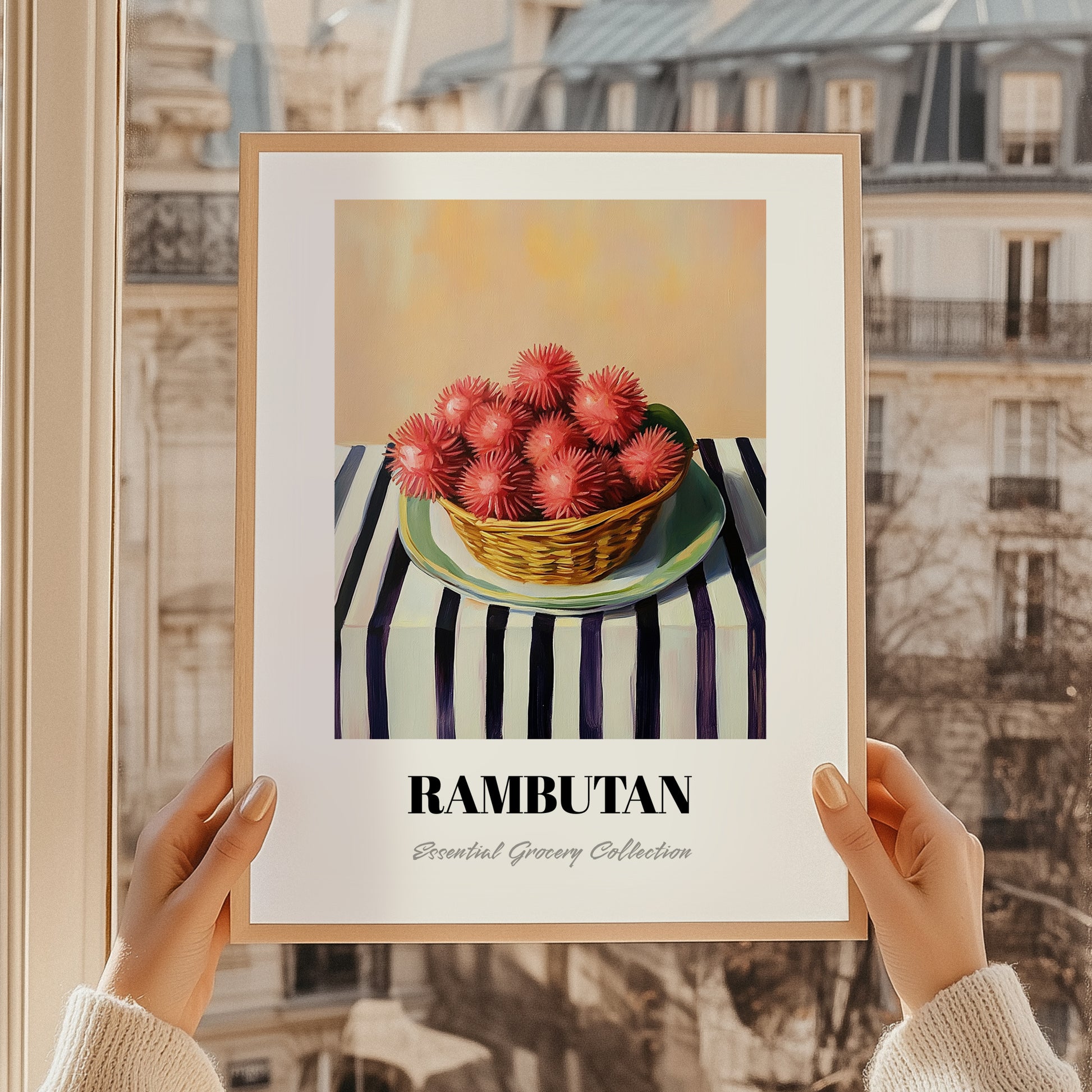 Rambutan – on Striped Tablecloth, Vegetable Wall Decor, styled in a charming Paris street view
