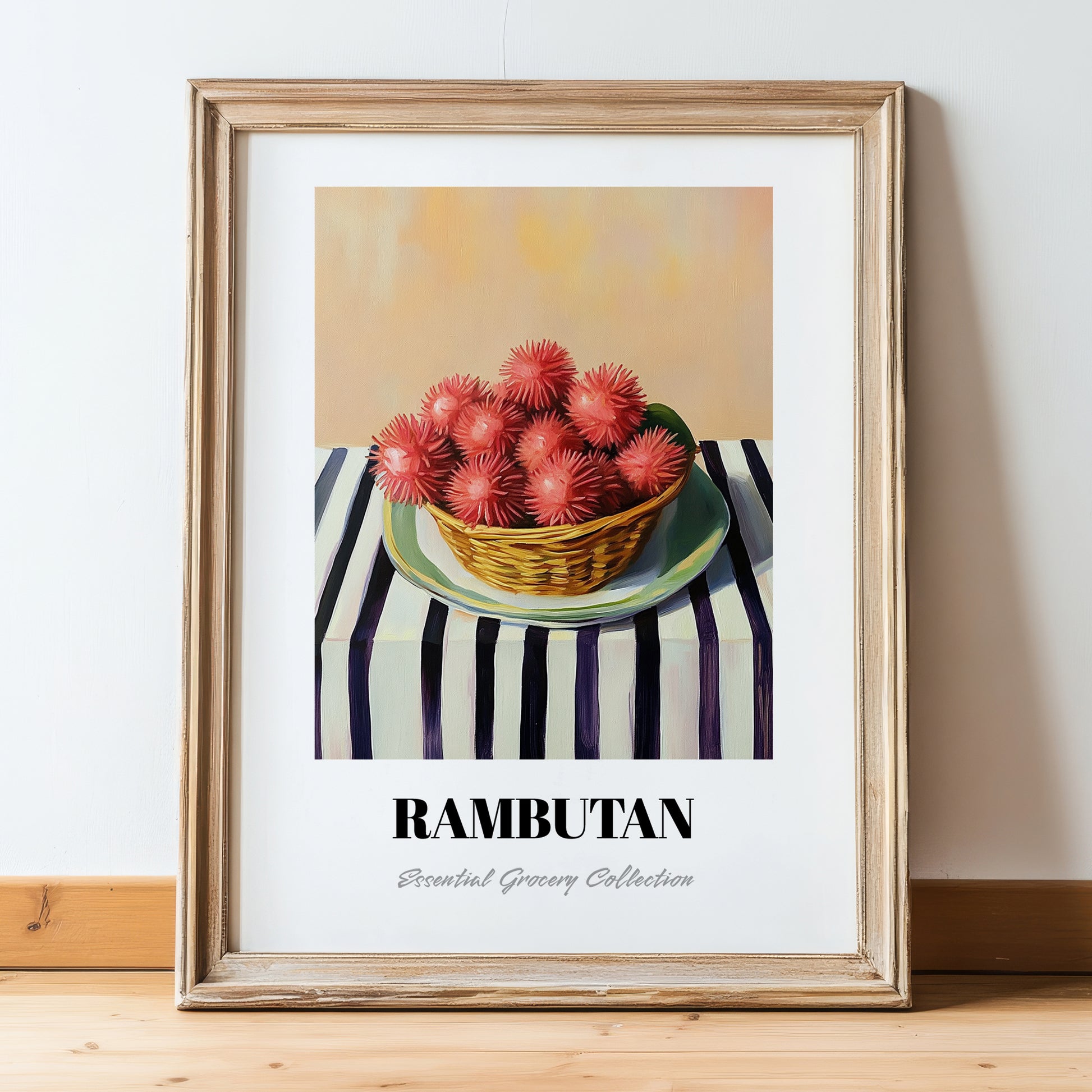 Rambutan – on Striped Tablecloth, Vegetable Wall Decor, in wooden frame leaning on the floor