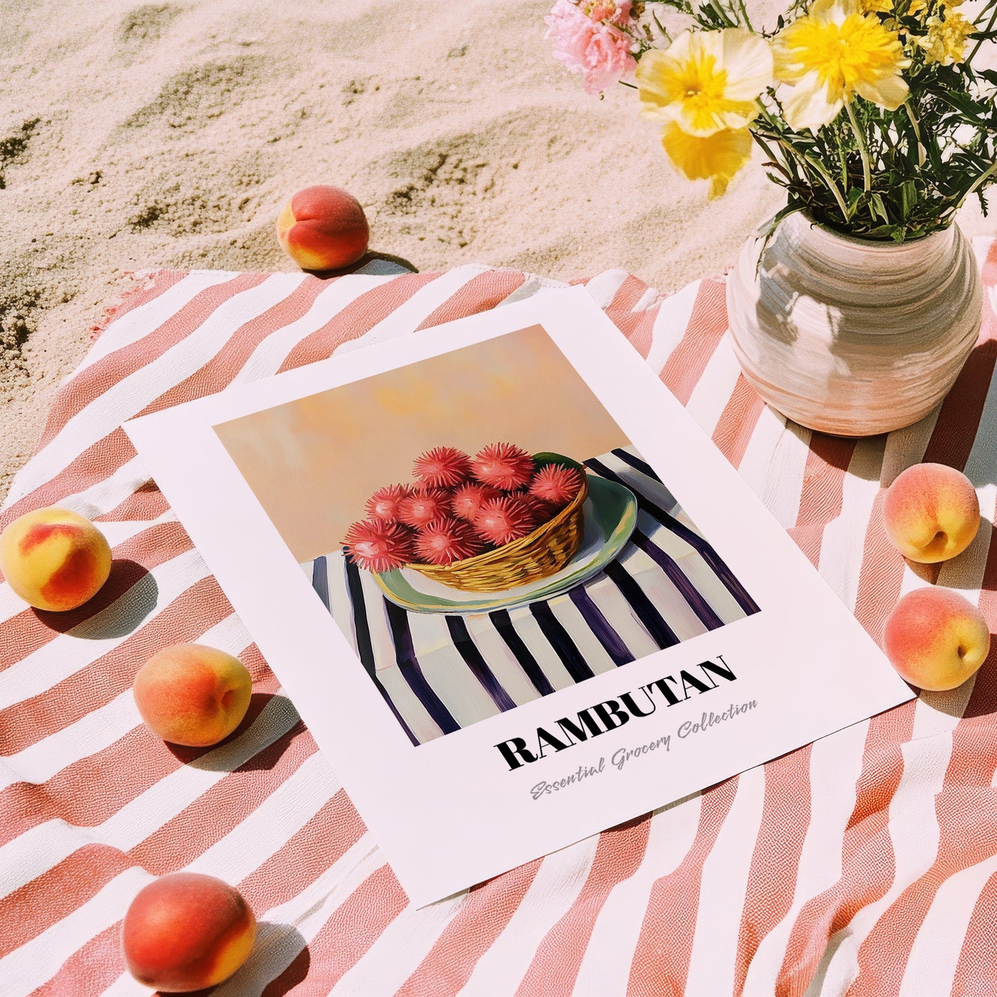 Rambutan – on Striped Tablecloth, Vegetable Wall Decor, unframed on coastal sand