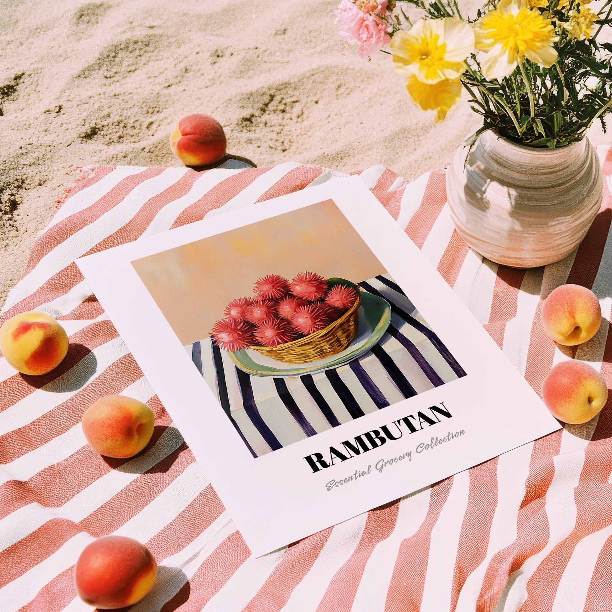 Rambutan – on Striped Tablecloth, Vegetable Wall Decor, unframed on coastal sand
