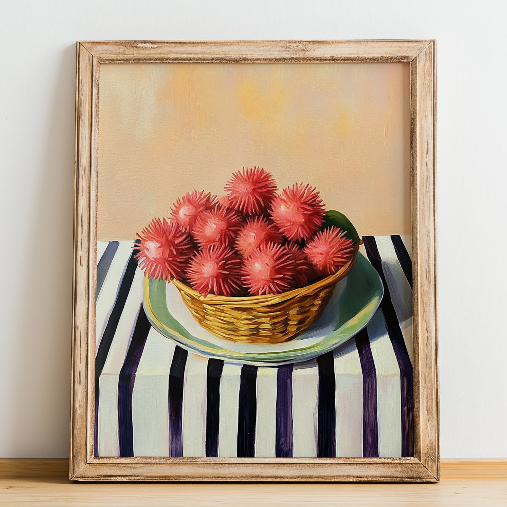 Rambutan – on Striped Tablecloth, Vegetable Wall Decor, no-text version framed in wood