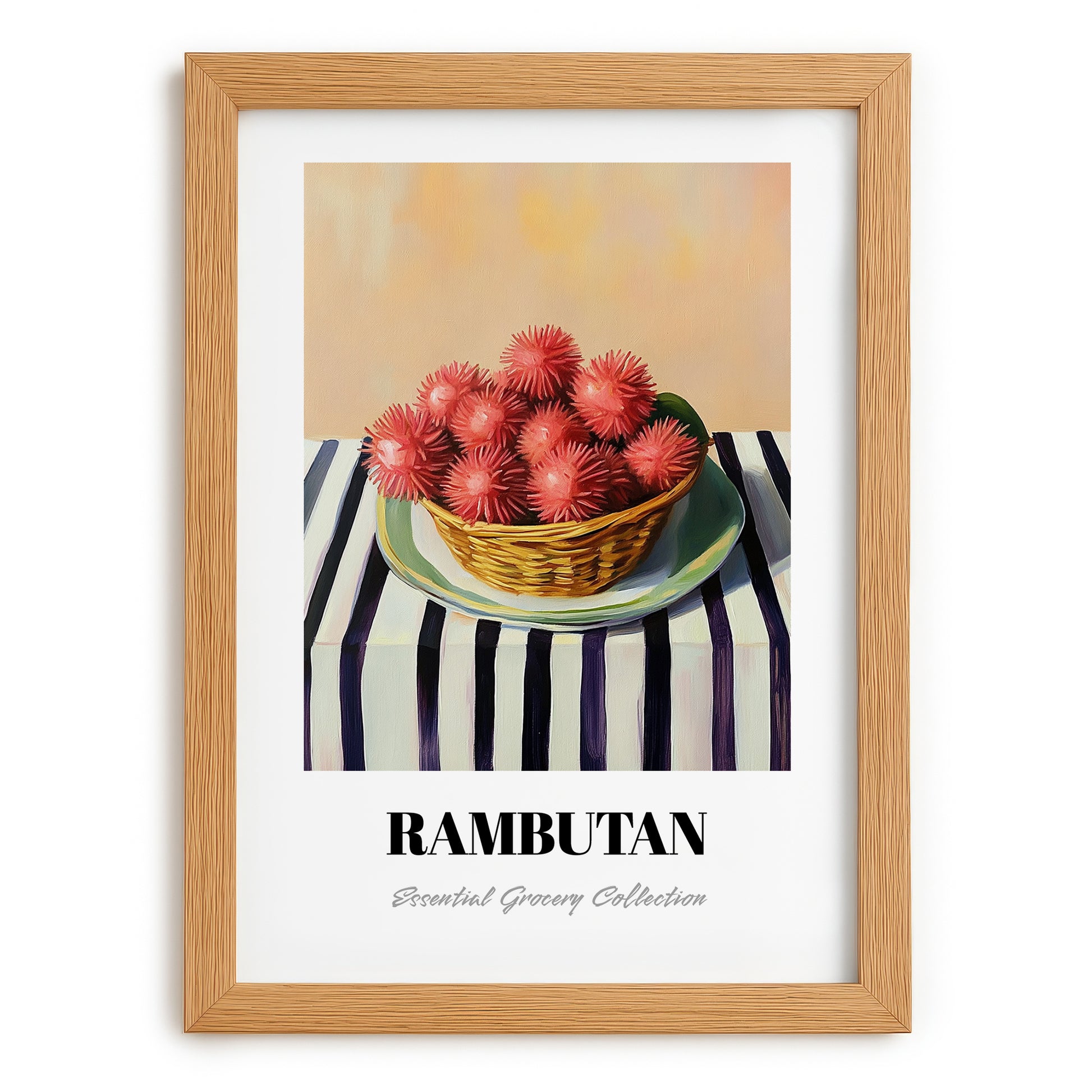 Rambutan – on Striped Tablecloth, Vegetable Wall Decor, set in oak frame