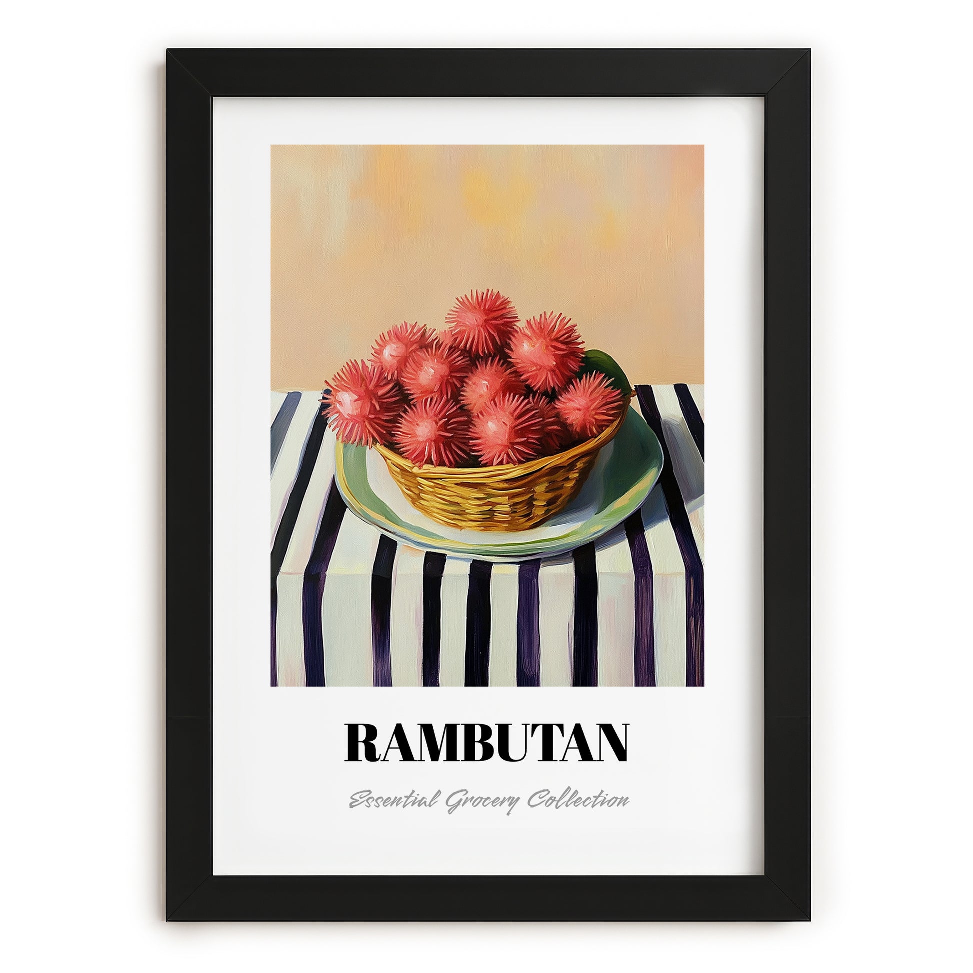Rambutan – on Striped Tablecloth, Vegetable Wall Decor, in sleek black frame