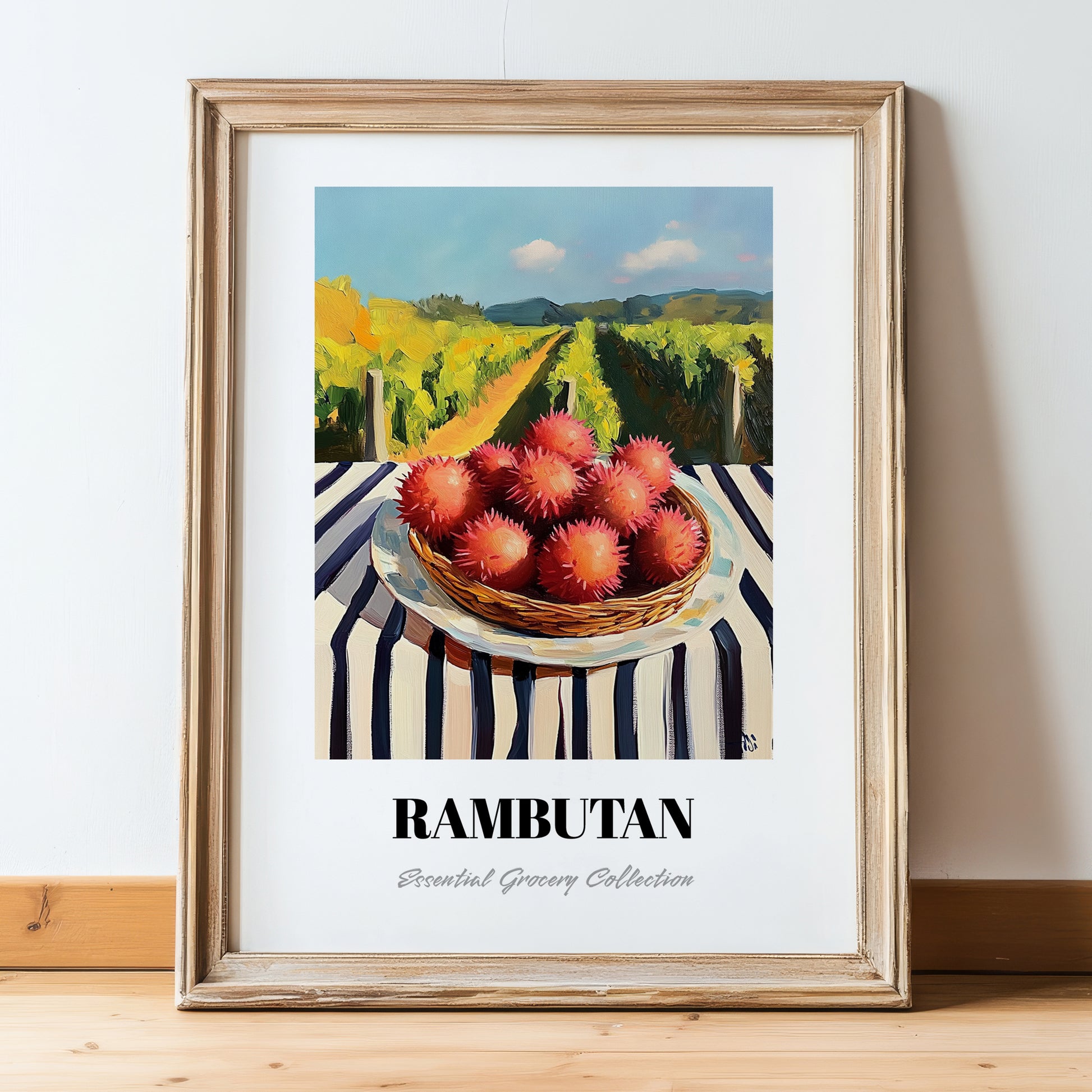 Rambutan – Valley Café Scene, Vegetable Wall Decor, in wooden frame leaning on the floor