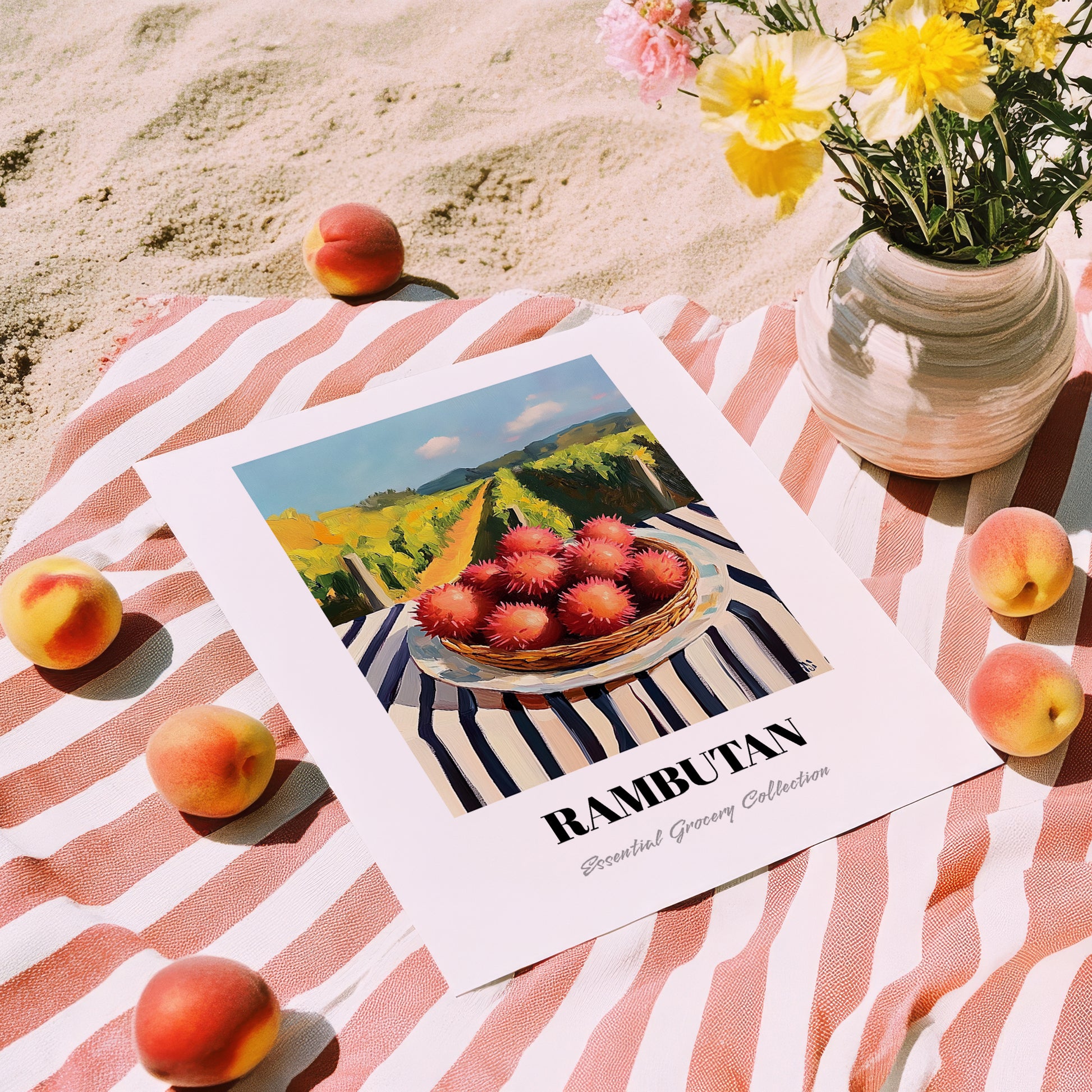Rambutan – Valley Café Scene, Vegetable Wall Decor, unframed on coastal sand