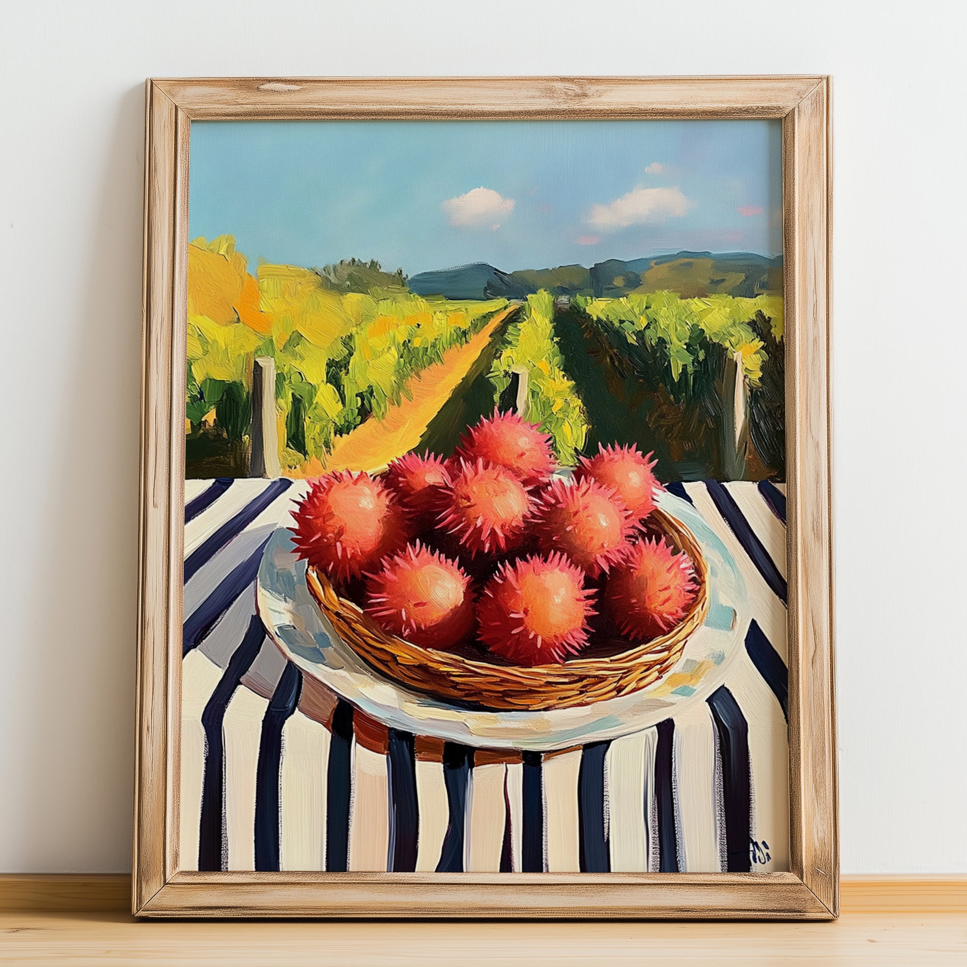 Rambutan – Valley Café Scene, Vegetable Wall Decor, no-text version framed in wood