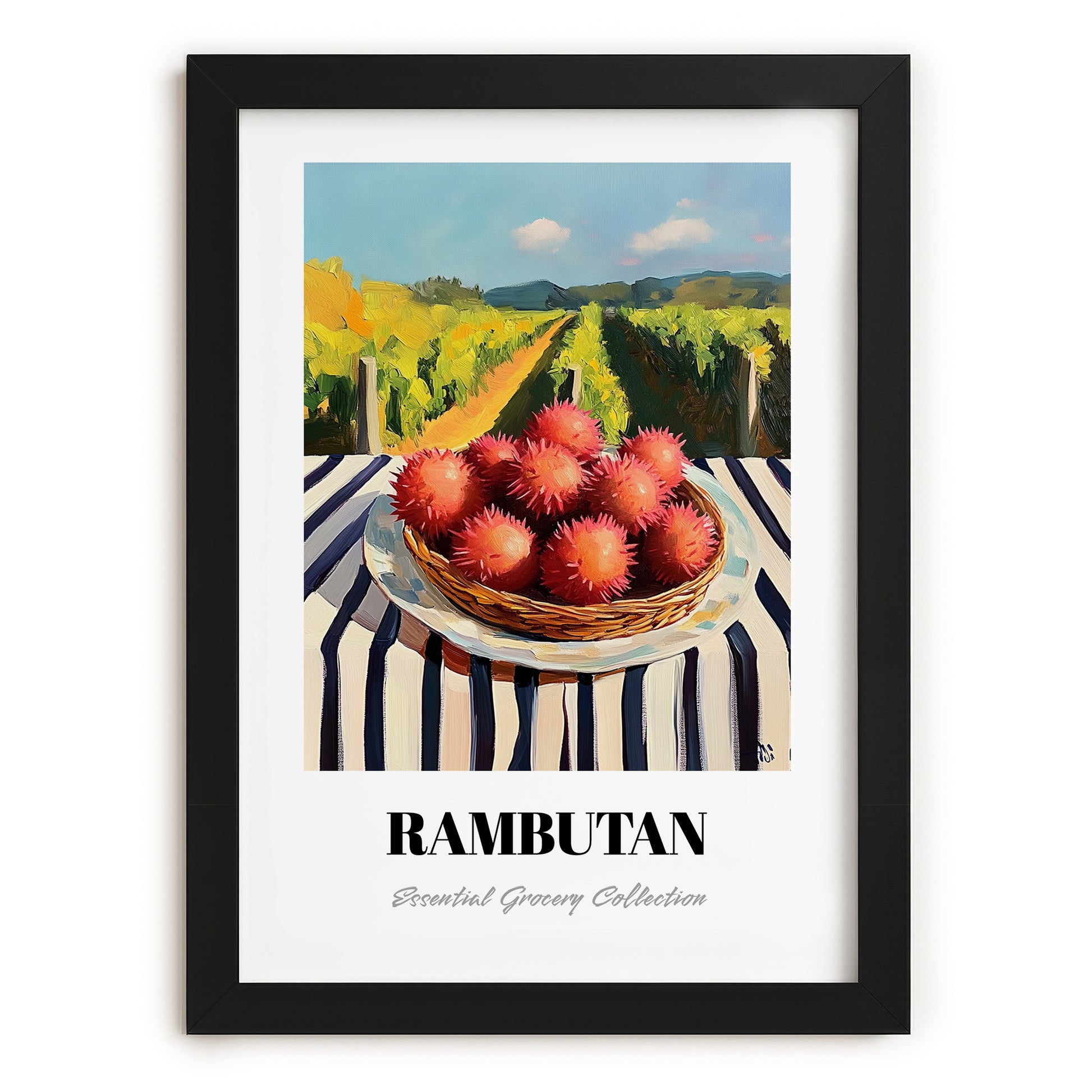 Rambutan – Valley Café Scene, Vegetable Wall Decor, in sleek black frame