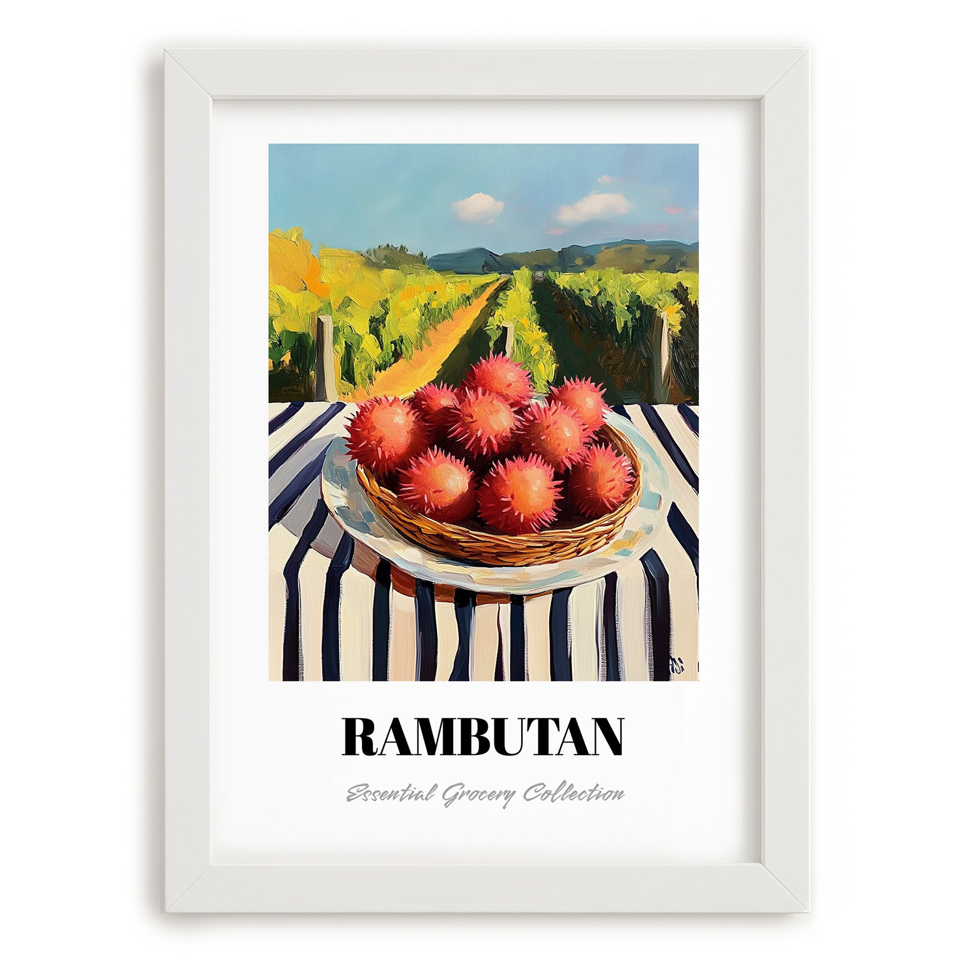 Rambutan – Valley Café Scene, Vegetable Wall Decor, placed in minimal white frame