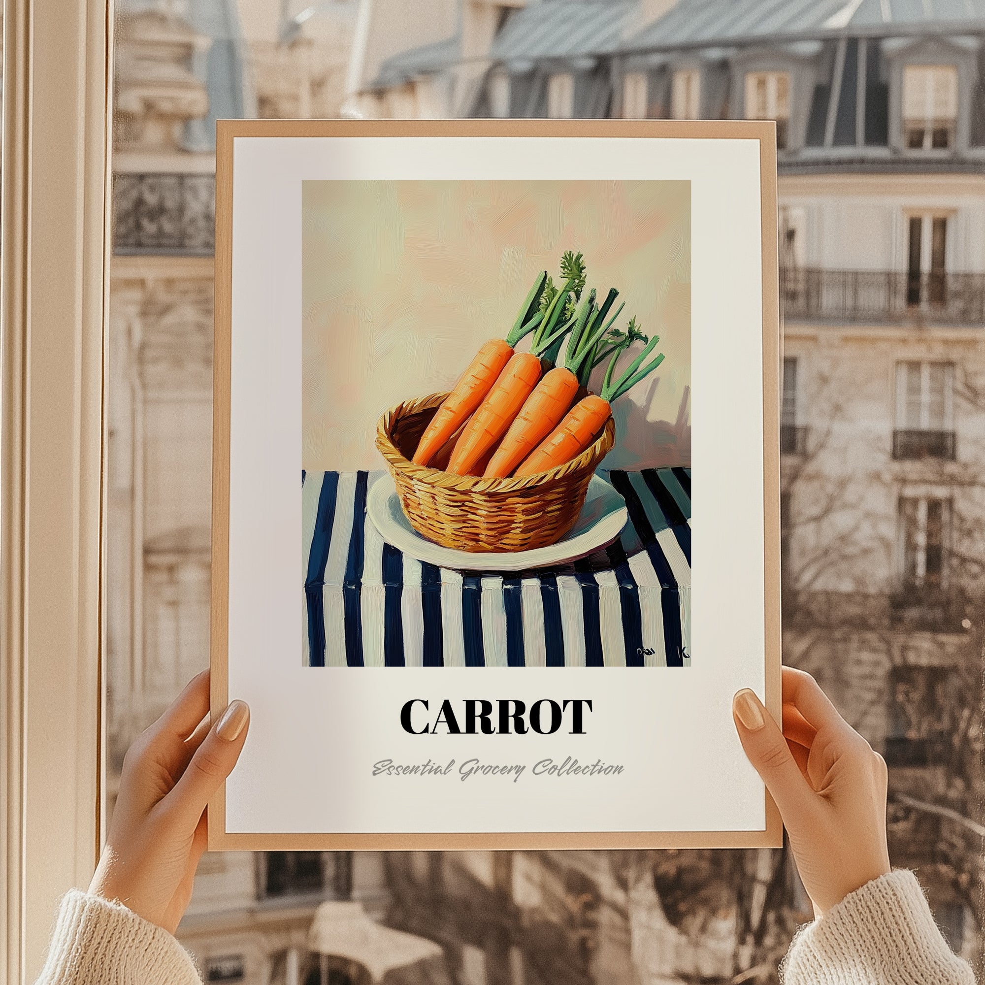 Carrot – on Striped Tablecloth, Vegetable Wall Decor, styled in a charming Paris street view