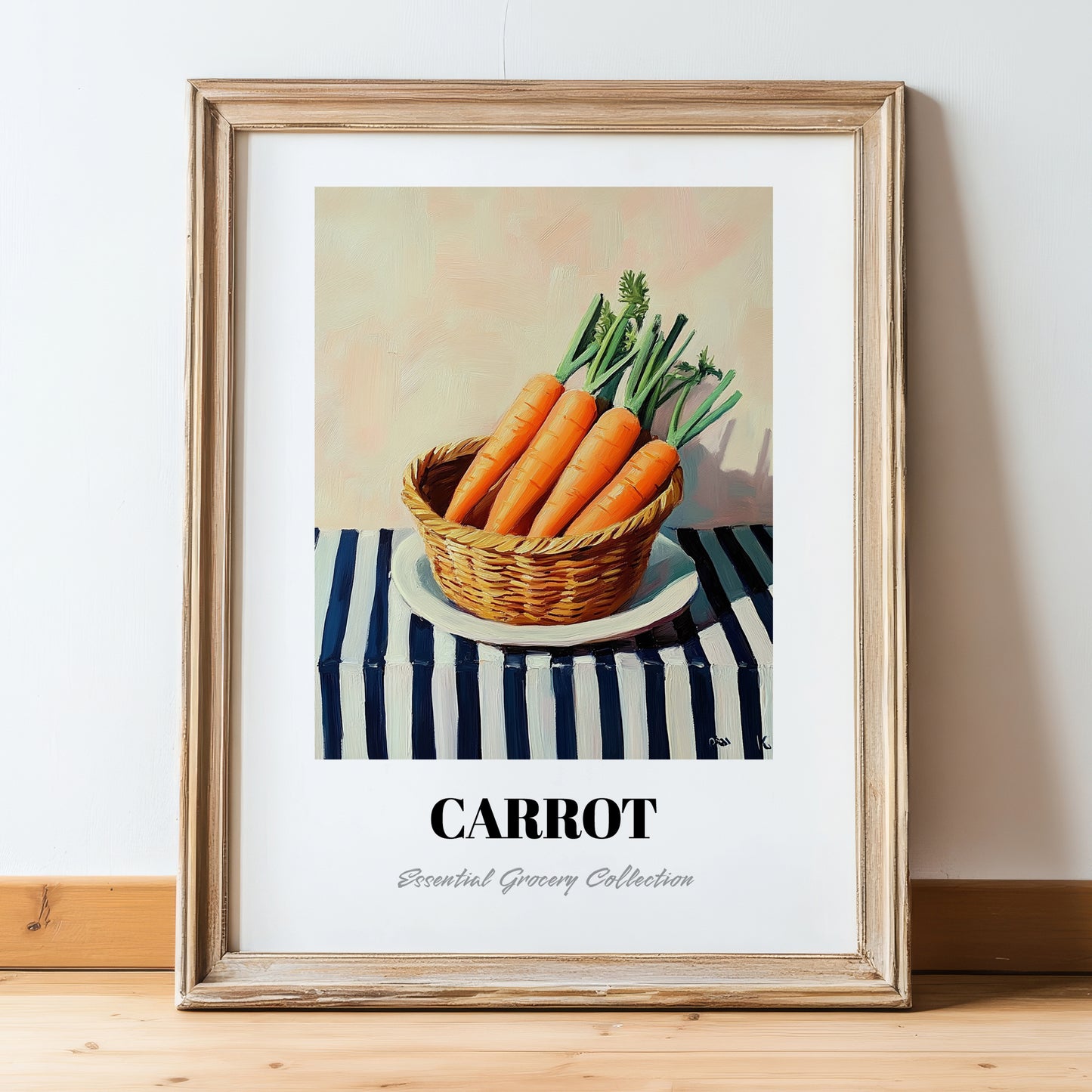 Carrot – on Striped Tablecloth, Vegetable Wall Decor, in wooden frame leaning on the floor
