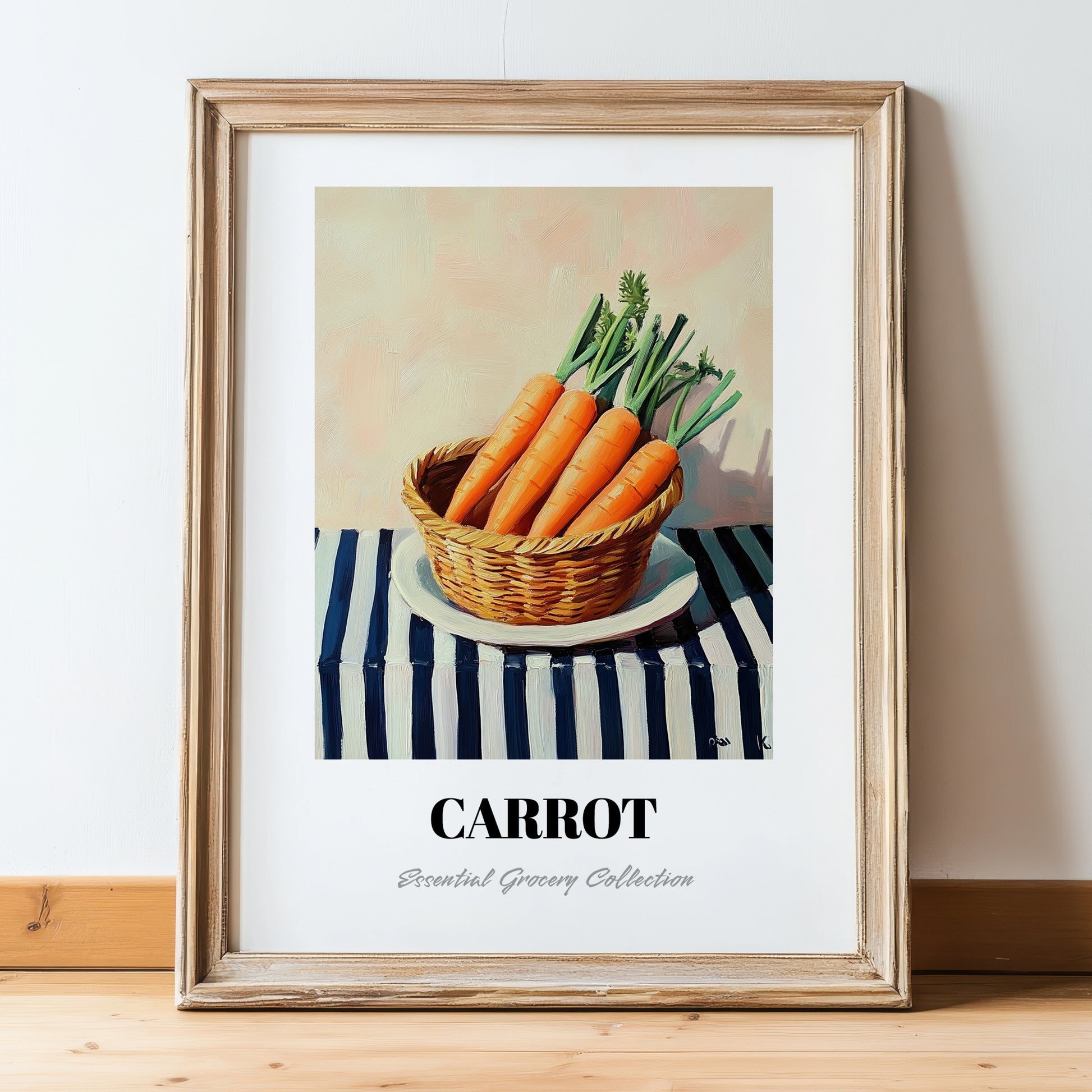 Carrot – on Striped Tablecloth, Vegetable Wall Decor, in wooden frame leaning on the floor