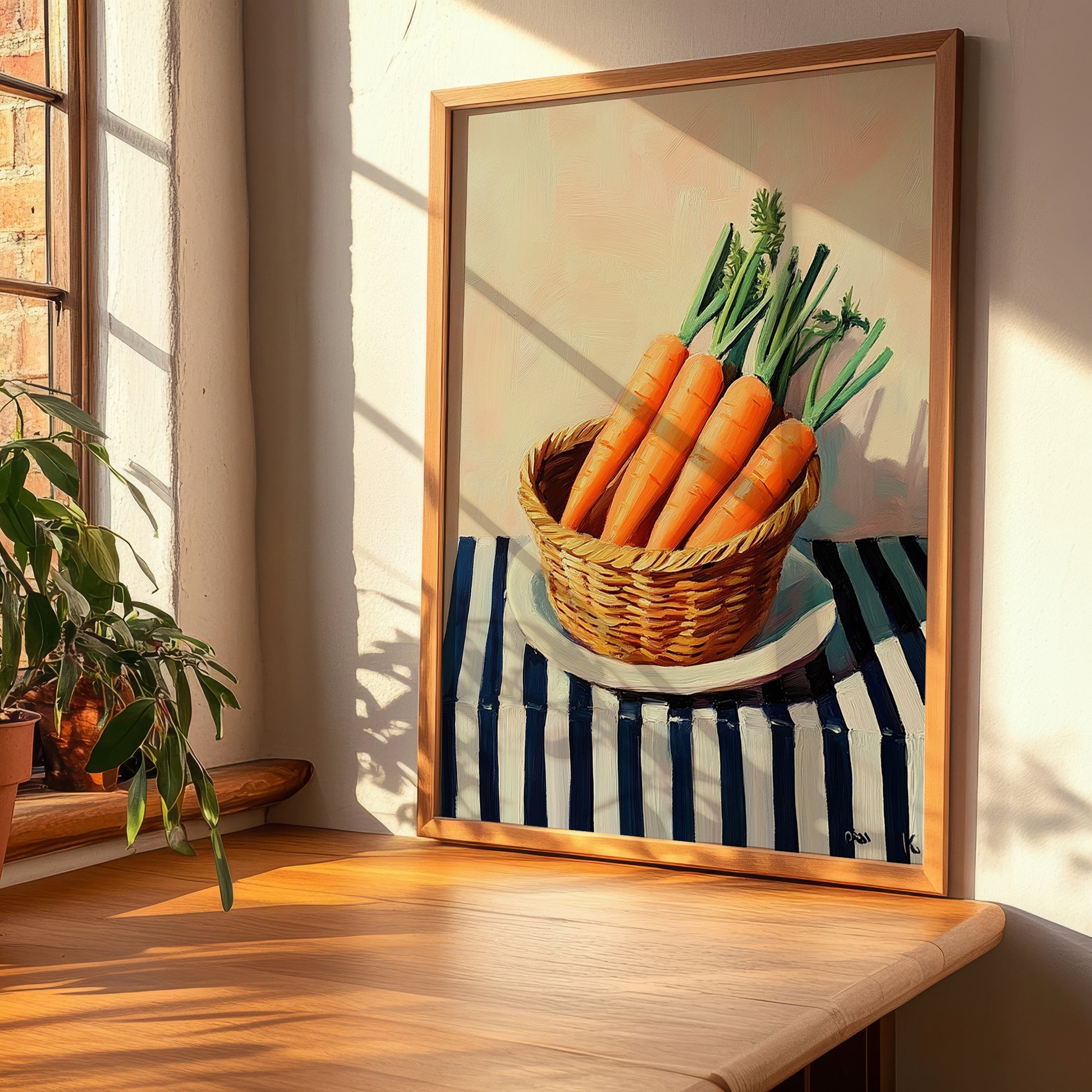 Carrot – on Striped Tablecloth, Vegetable Wall Decor, clean layout with no caption