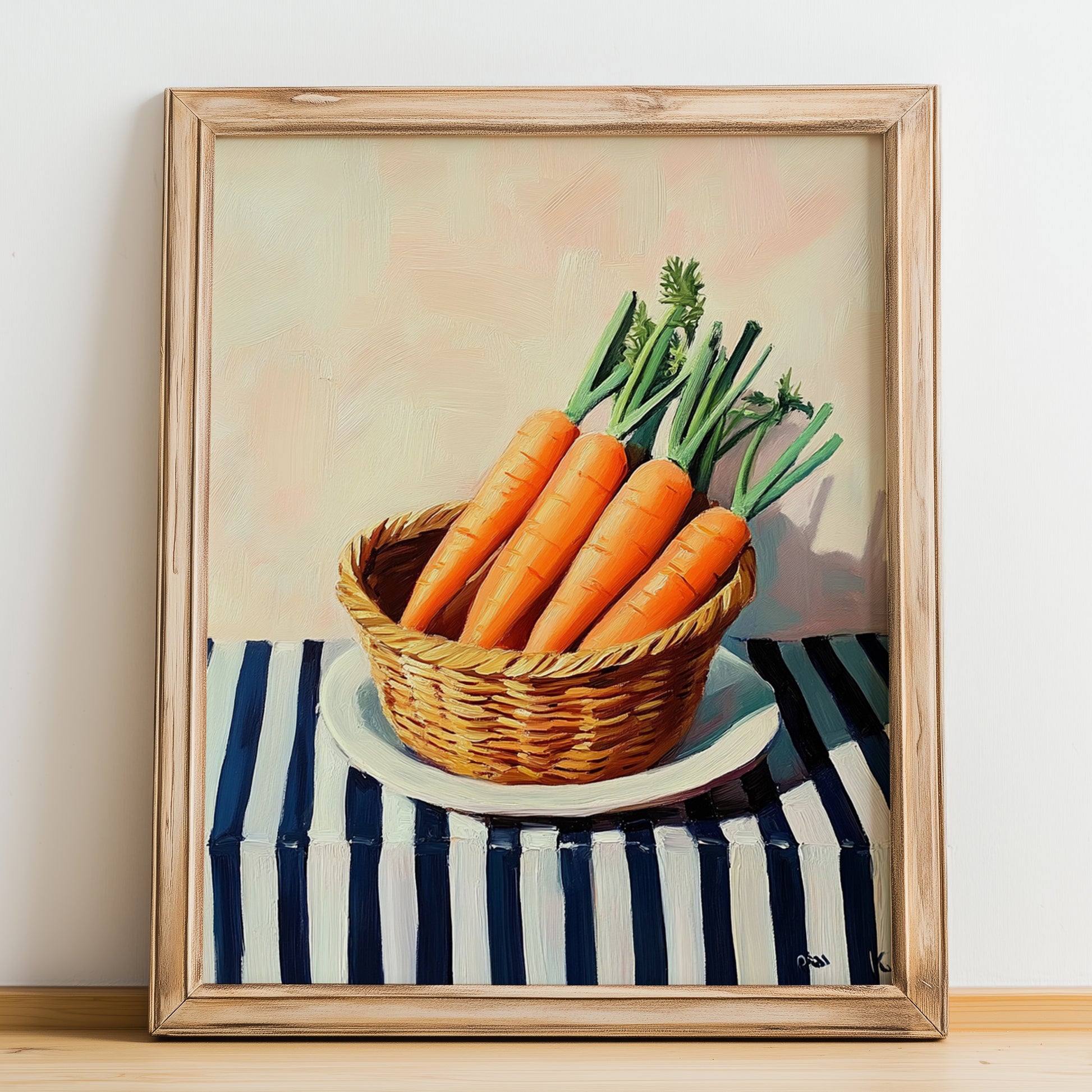 Carrot – on Striped Tablecloth, Vegetable Wall Decor, no-text version framed in wood