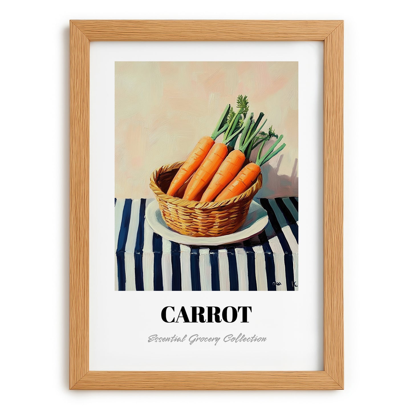 Carrot – on Striped Tablecloth, Vegetable Wall Decor, set in oak frame