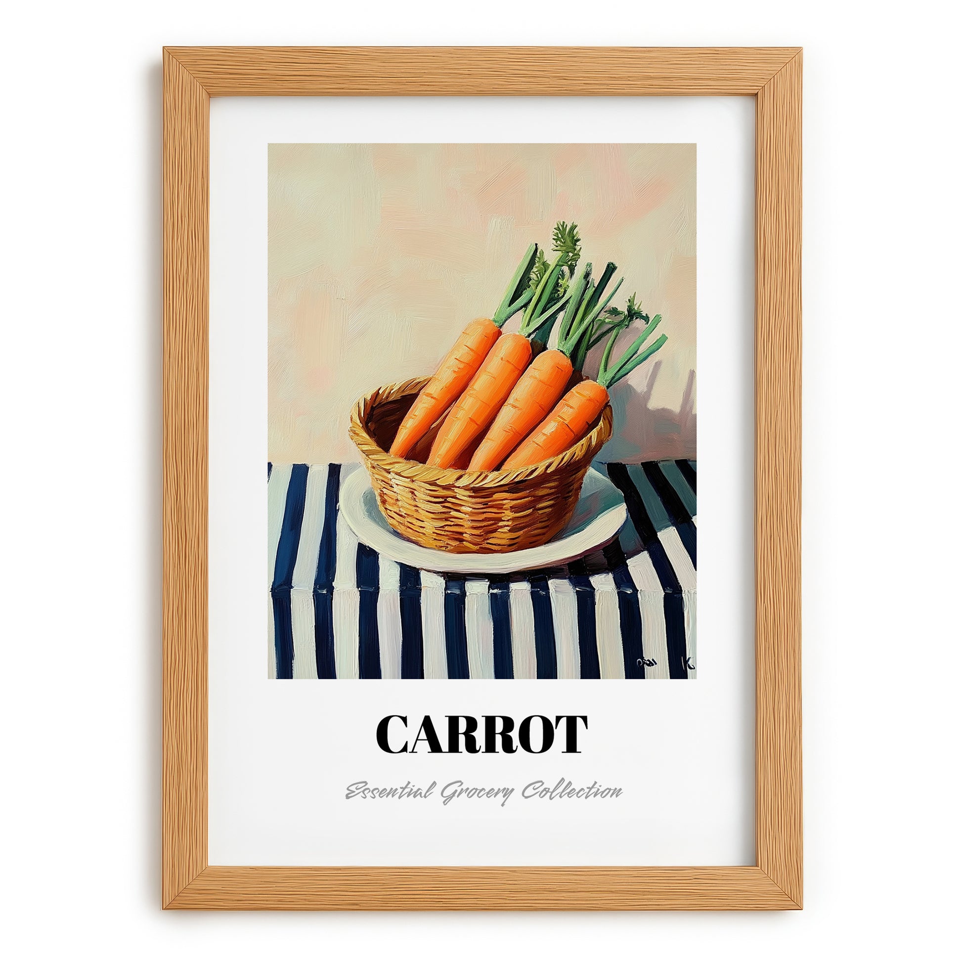 Carrot – on Striped Tablecloth, Vegetable Wall Decor, set in oak frame