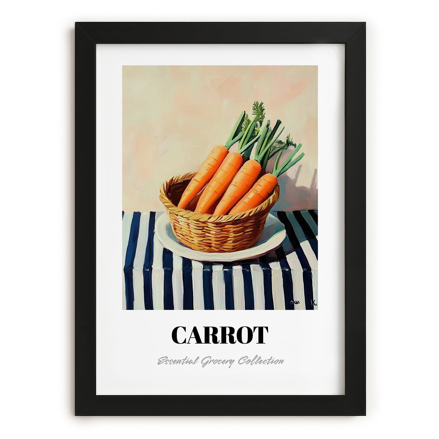 Carrot – on Striped Tablecloth, Vegetable Wall Decor, in sleek black frame