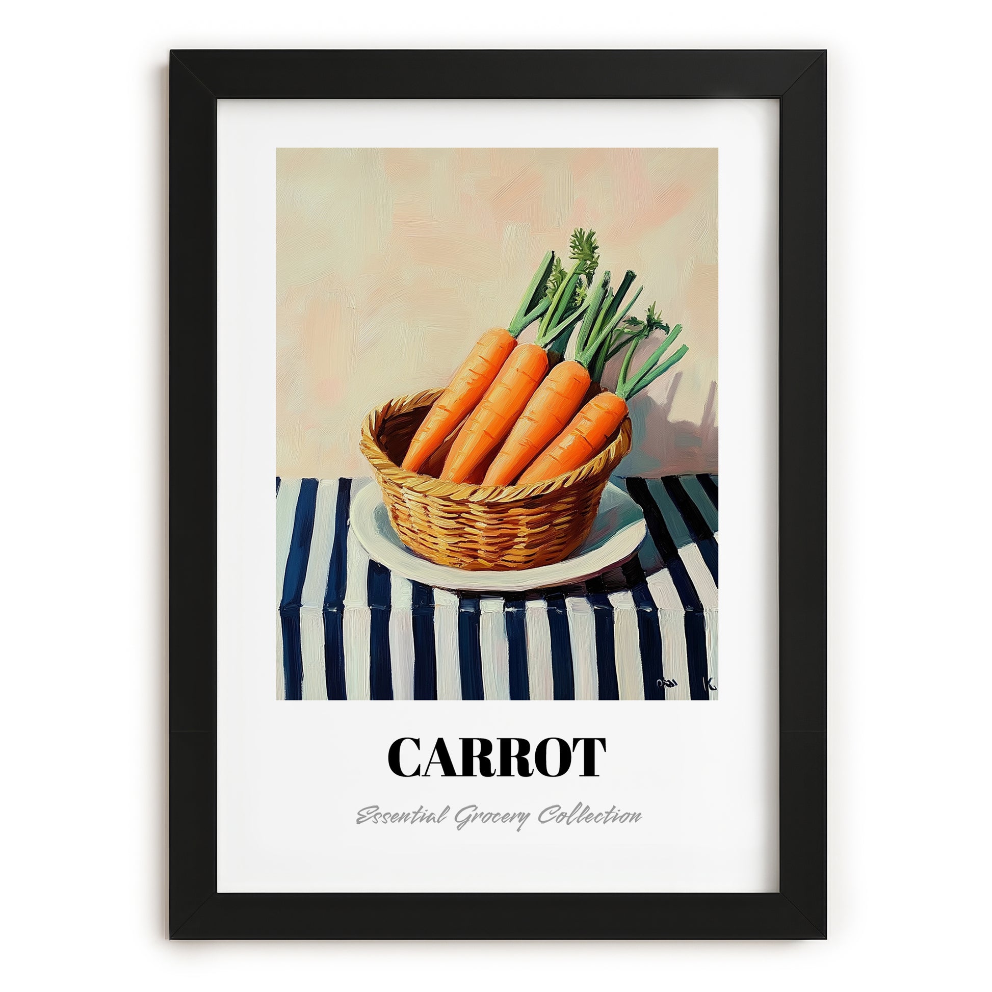 Carrot – on Striped Tablecloth, Vegetable Wall Decor, in sleek black frame